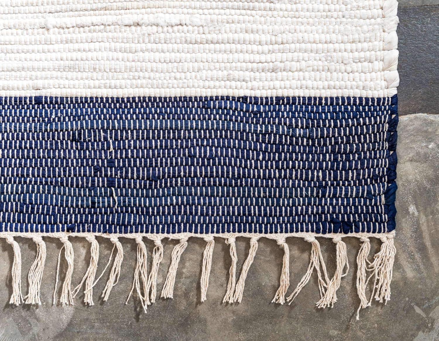 Unique Loom Chindi Rag Collection Area Rug - Striped (2' 7" x 6' 1" Runner Navy Blue/Ivory)
