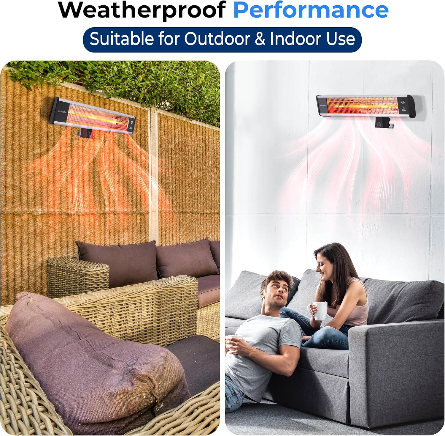 SereneLife 1500W Wall-Mounted Patio Heater with Remote, Electric Infrared Outdoor Space Heater 26"x8" Black SLOHT28, 1 Count