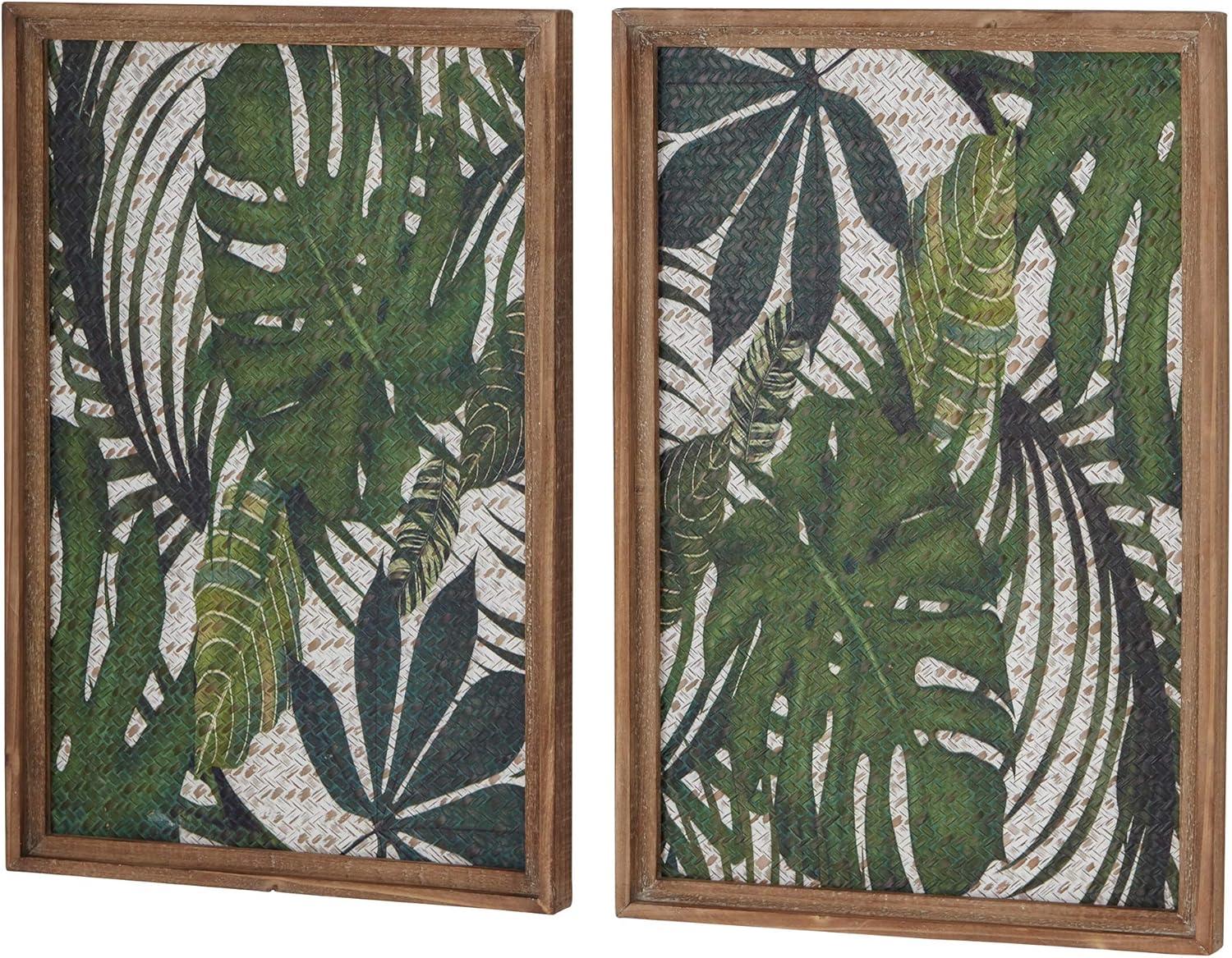 DecMode Green Wood Tropical Leaf Wall Decor with Brown Frame (2 Count)