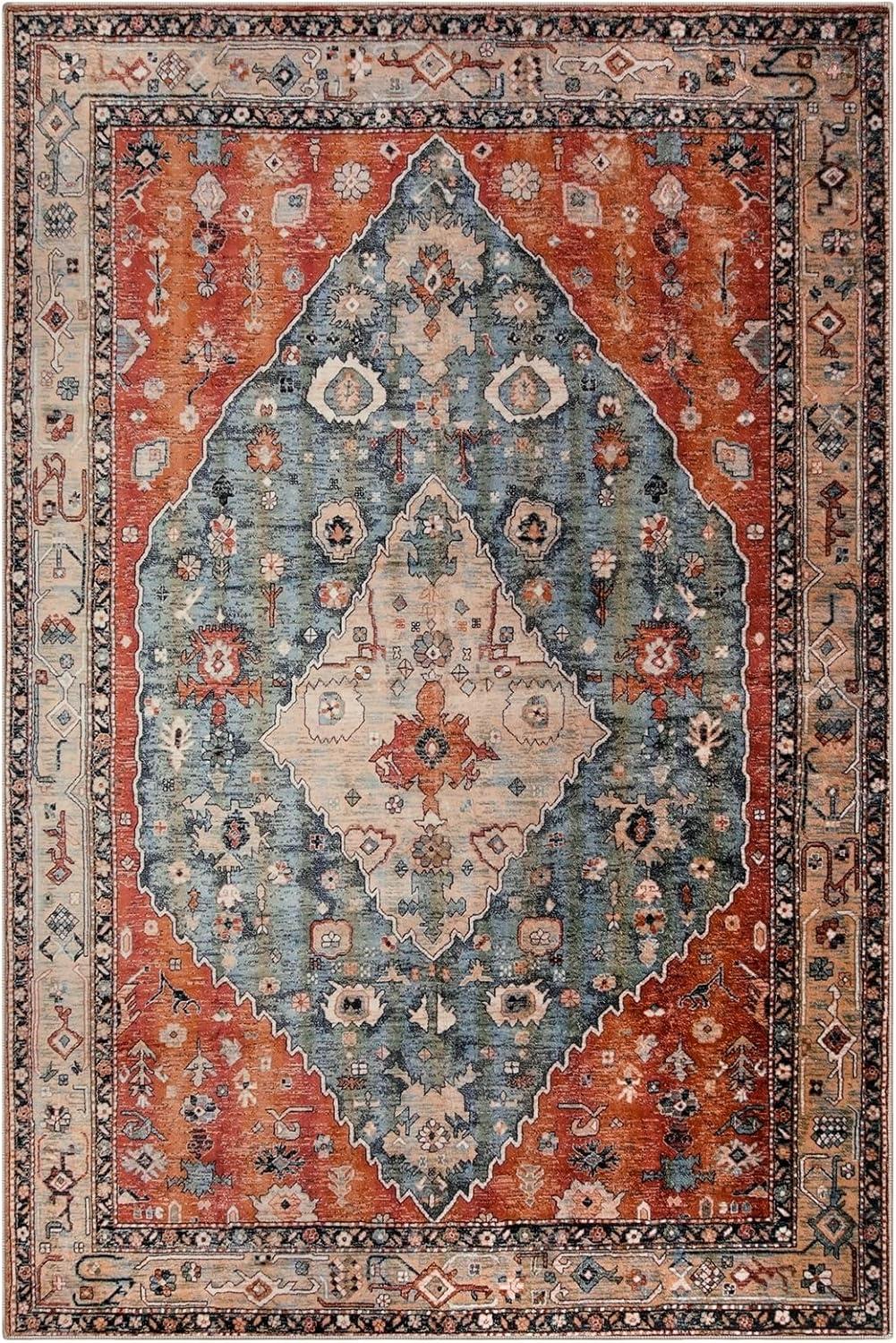 Aqua and Rust Geometric Tribal 5' x 7' Washable Rug