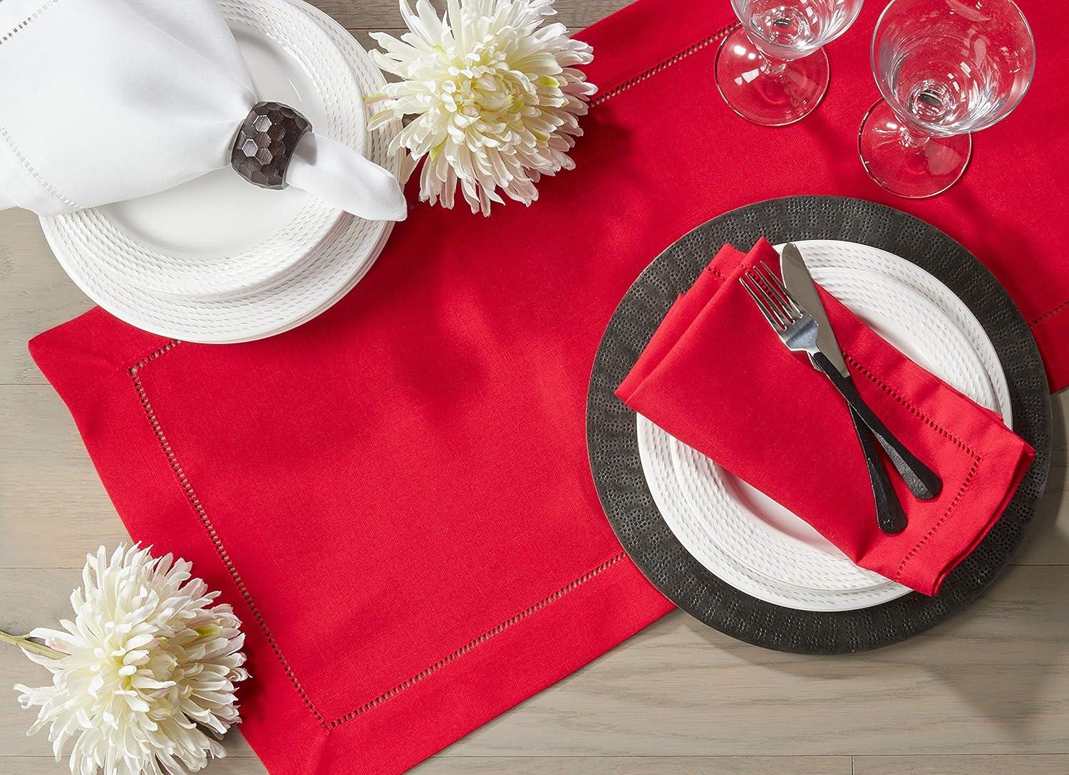 Saro Lifestyle Classic Hemstitch Border Table Runner, Red, 16"x 54"