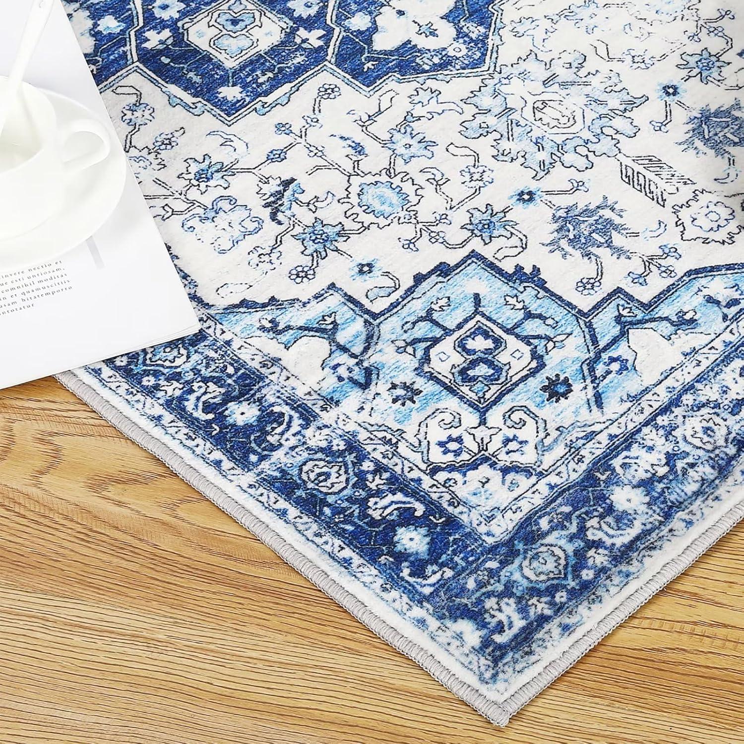 Hasoo 3' x 5' Area Rug Medallion Print Distressed Entryway Rug Persian Soft Foldable Accent Rug for Bedroom Living Room, Blue