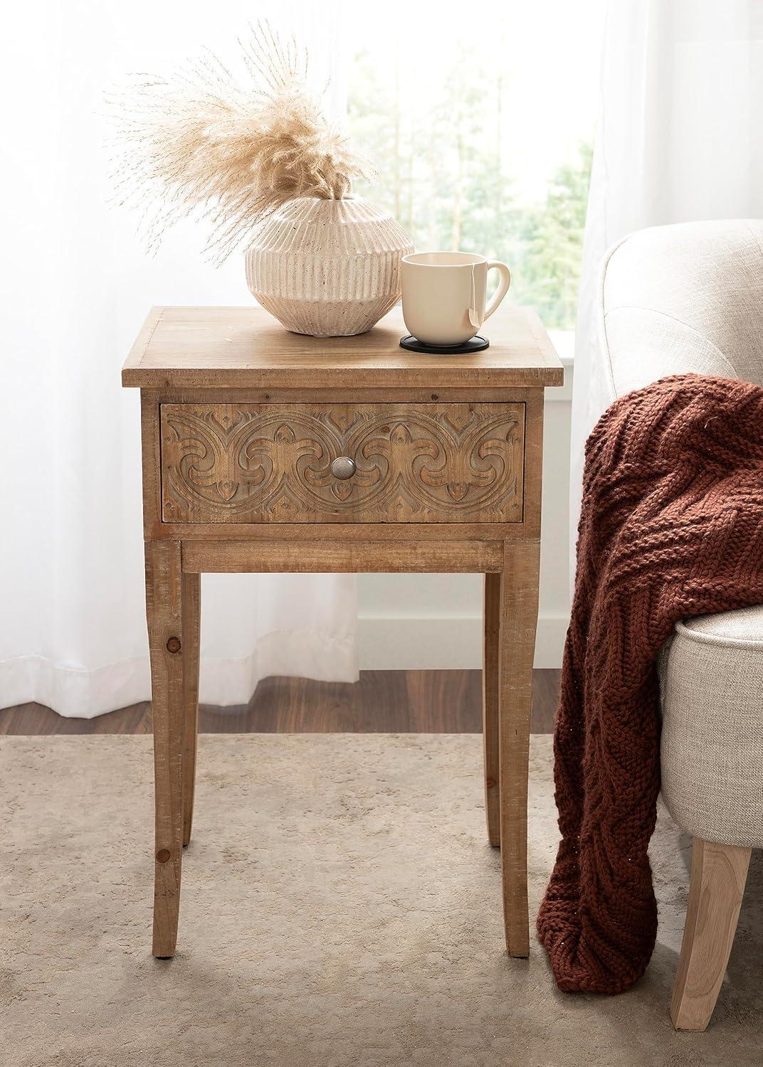 Hazelnut Rustic Wood Side Table with Carved Drawer