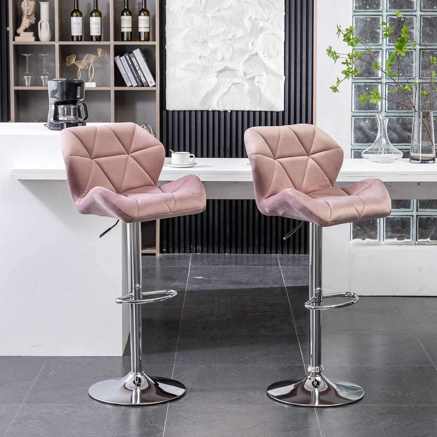 Breni Velvet Diamond Tufted Swivel Adjustable Height Barstool(Set of 2) in Mauve