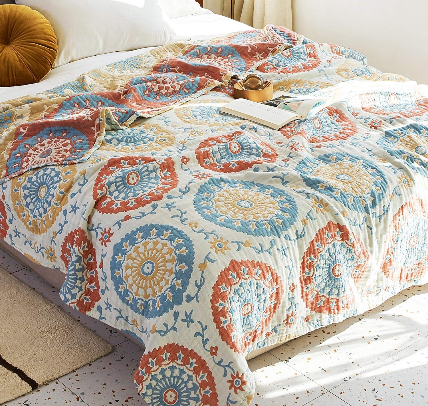 Scientific Sleep Boho Round Retro Farmhouse 100% Cotton Muslin Blanket Throw Cover for Bed Couch Sofa Cozy Soft Reversible Bedding Blanket Bedspread Coverlet Twin 60 in x 80 in
