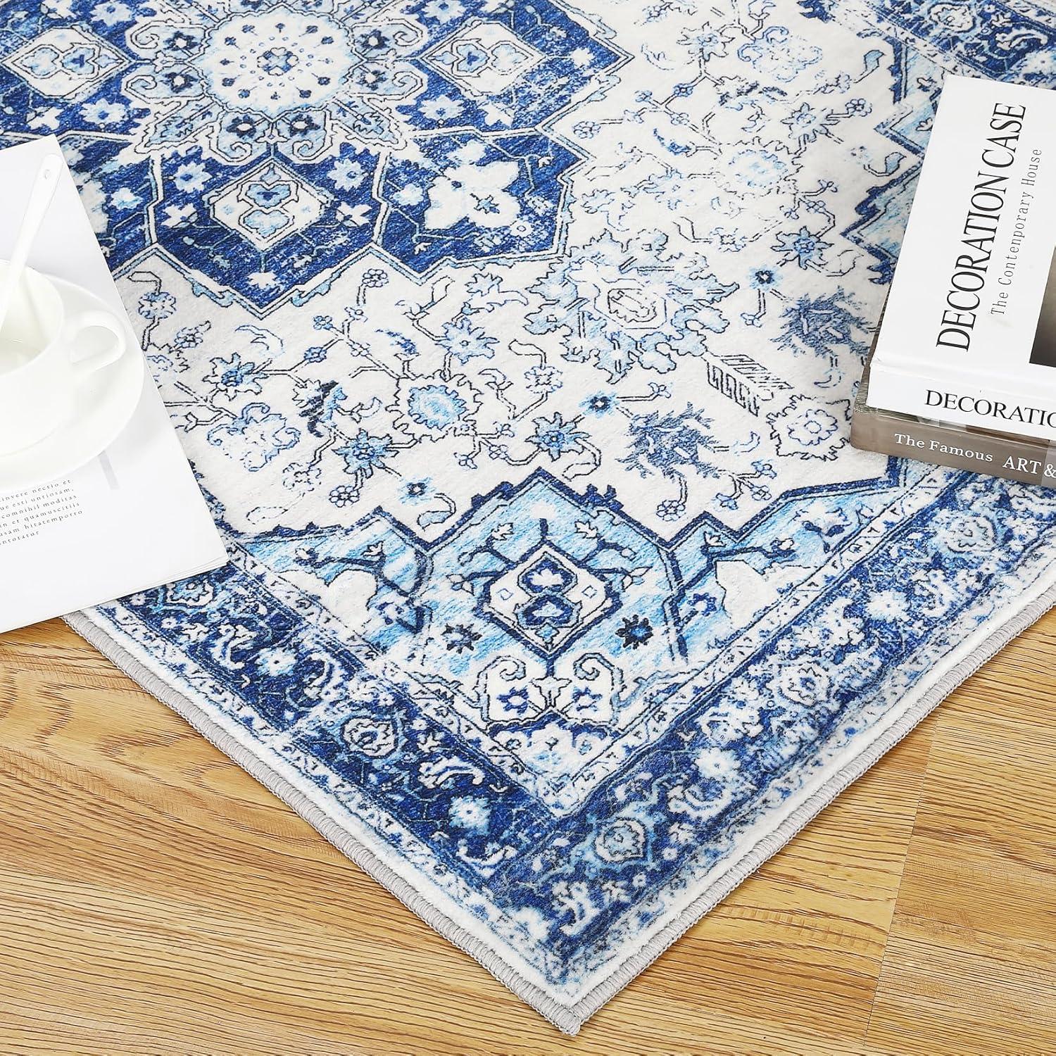 GlowSol 8x10 Floral Area Rug for Living Room Bedroom Retro Distressed Area Rug Traditional Medallion Non-Slip Low Pile Carpet Floor Decoration, Blue