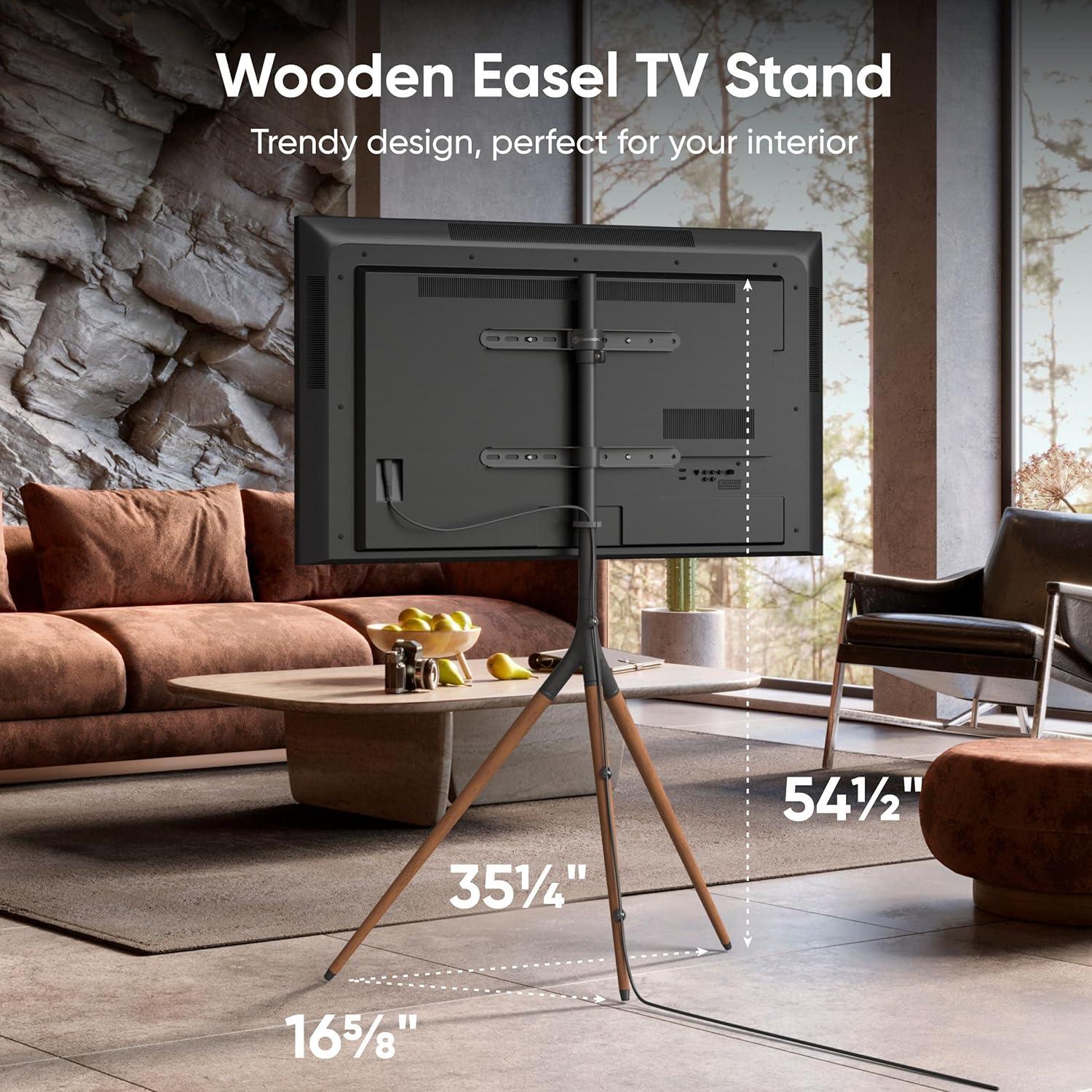 ONKRON Tripod TV Stand Wood for TVs up to 65" and 77 lbs, Swivel Floor Corner TV Stand Adjustable