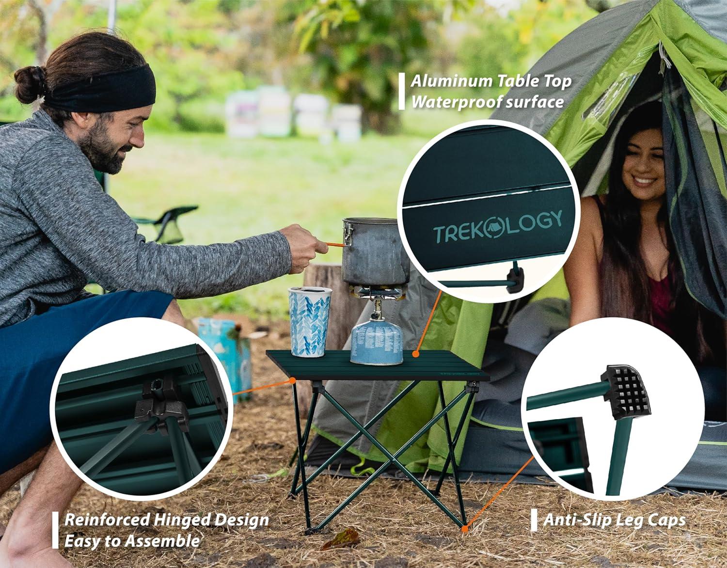 Trekology Foldable Aluminum Camping Table with Enforced Robust Hinged Connection.