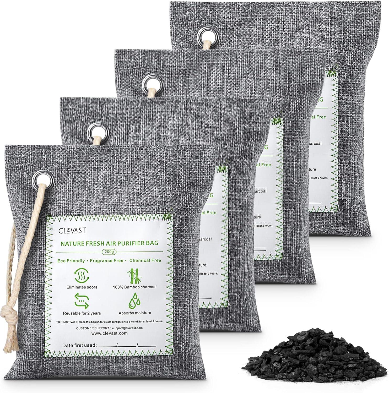 CLEVAST Charcoal Air Purifying Bags (4×200g), Removes Odors and Moisture, Nature Fresh Air Purifier Bags, Odor Eliminator for Home, Car, Pets, Bathroom, Basement