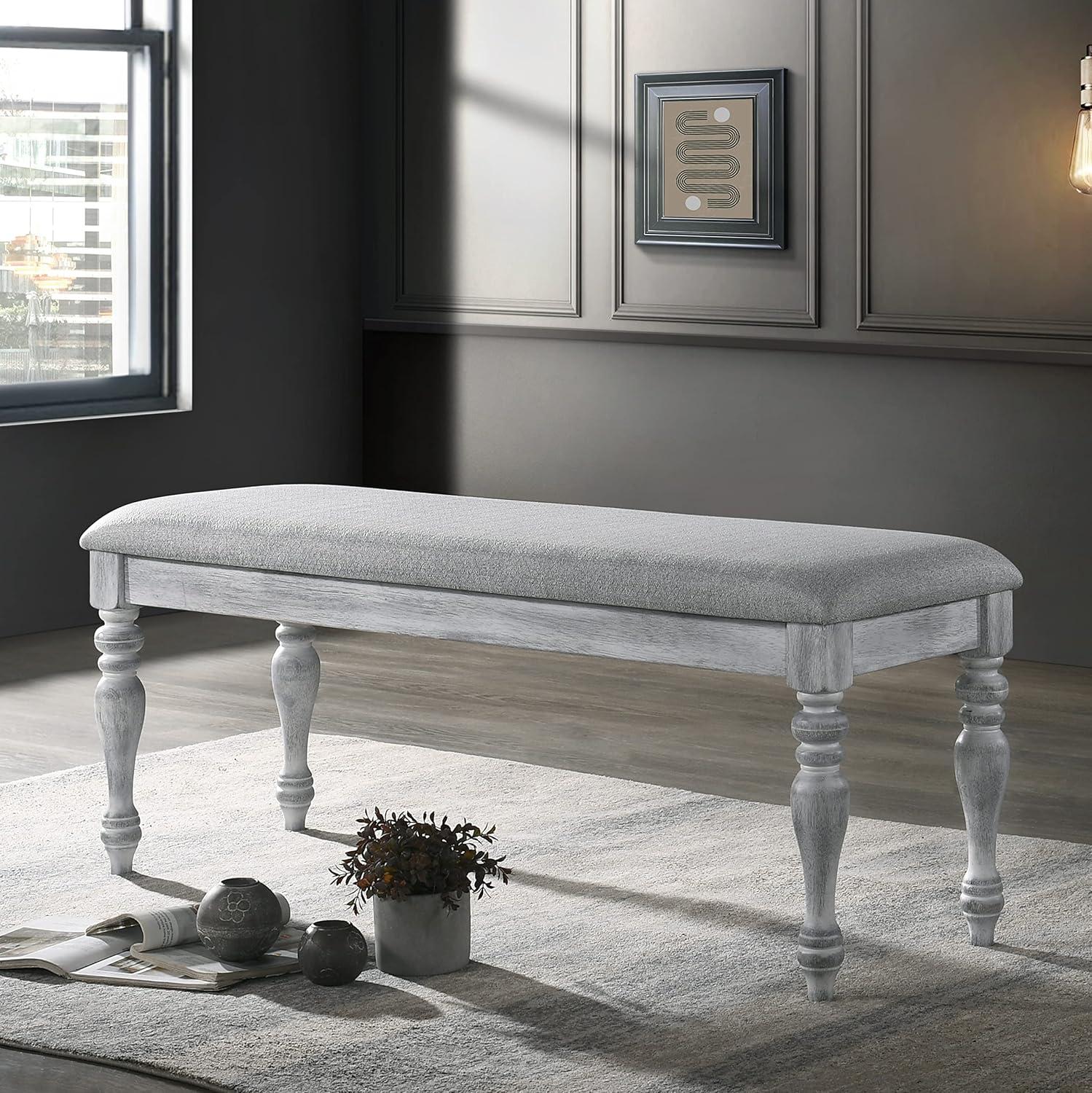 Salines Upholstered Turned Leg Dining Bench in Rustic White