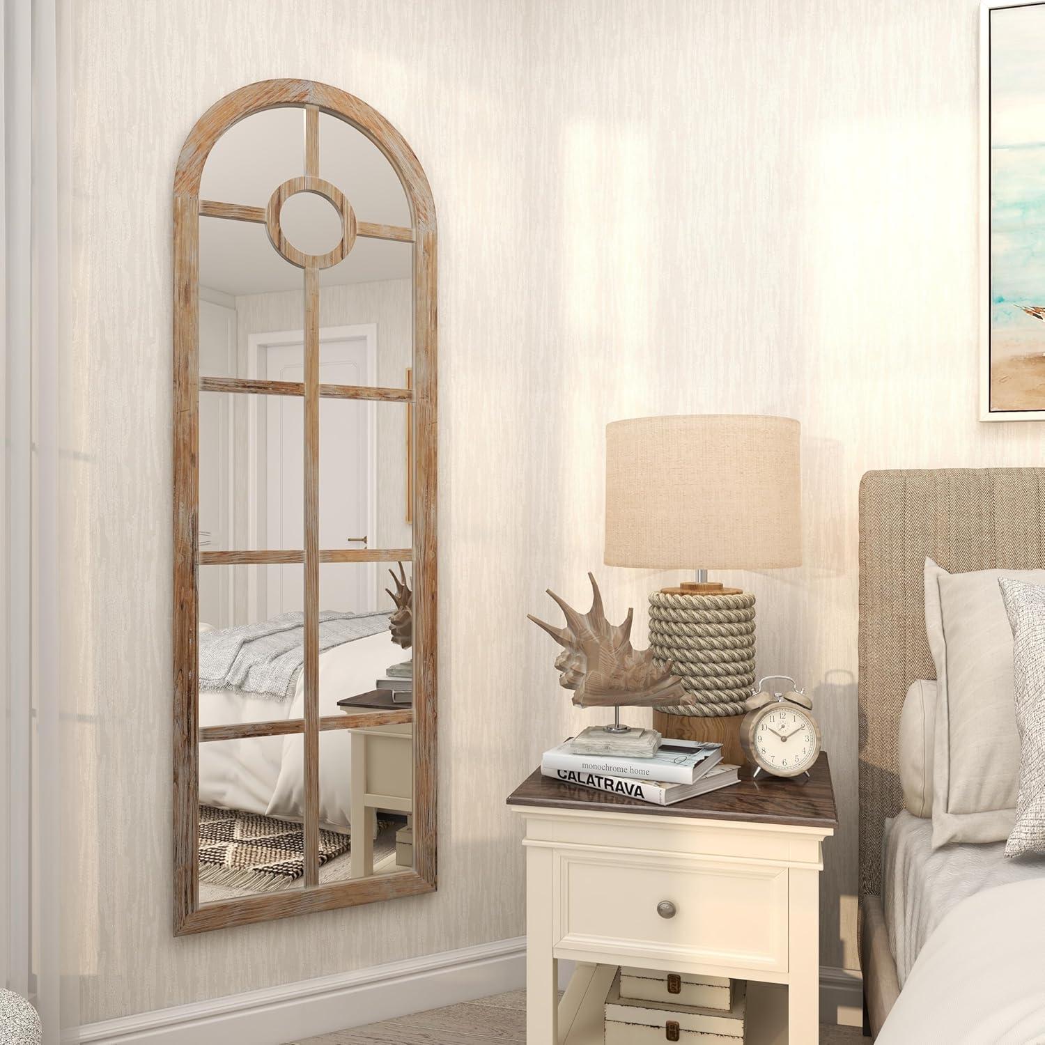 DecMode Contemporary Squre Wood Window Shaped Wall Mirror, 56"W x 44"H with Distressed Brass Colored Frame