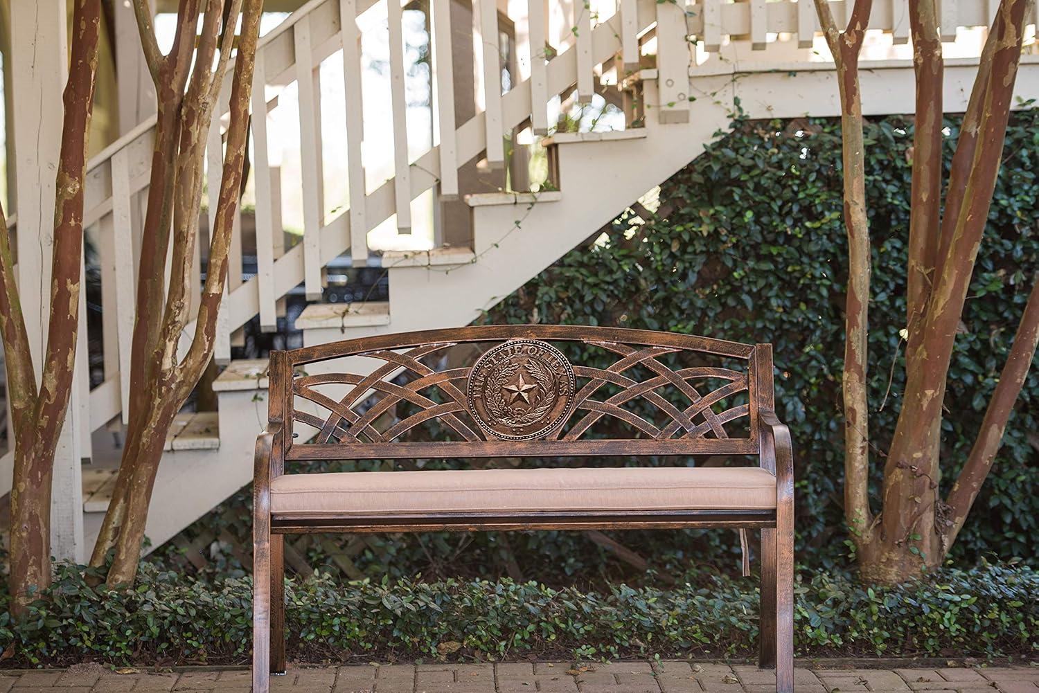 Leigh Country TX 93545 Adult Outdoor Metal Patio Bench with Texas State Seal Design - Bronze