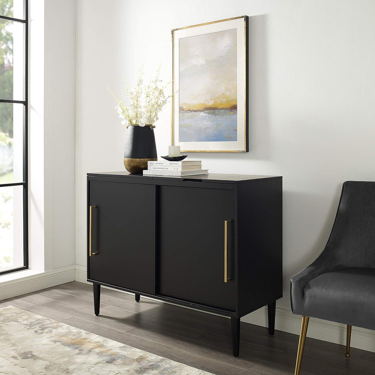 Everett Media Console Matte Black - Crosley: Hinged Lid, Hardwood, Wire Dividers