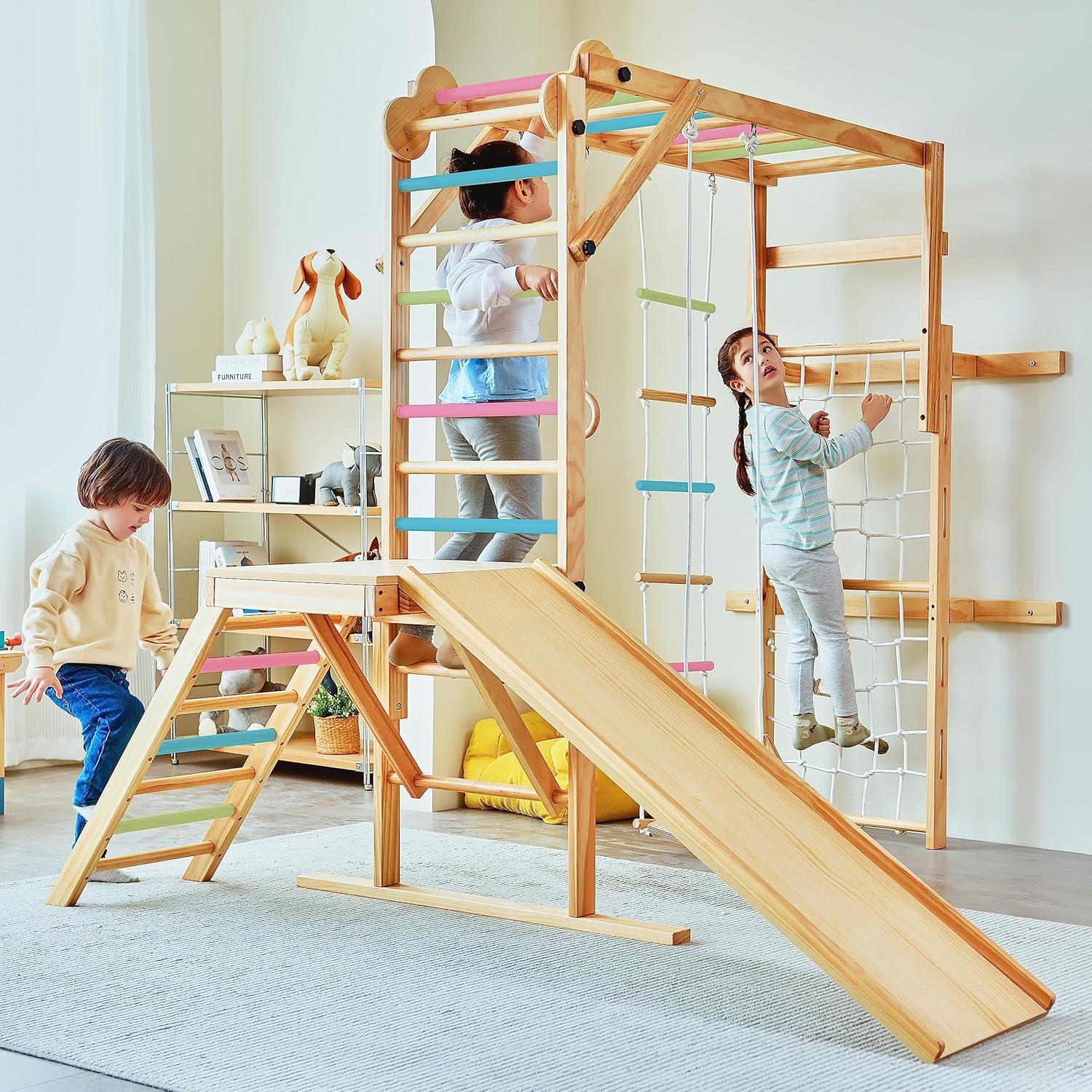 Avenlur Grove - Wood indoor 8-in-1 Wall Jungle Gym, Color