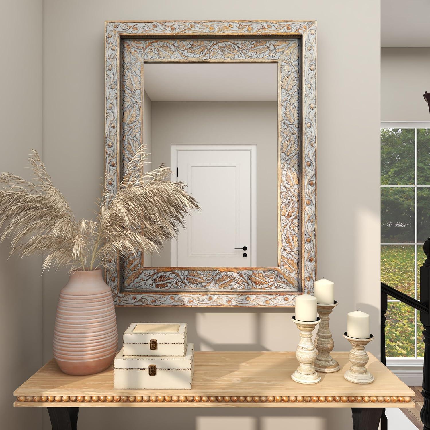 DecMode 36" x 48" Gray Handmade Intricately Carved Floral Wall Mirror