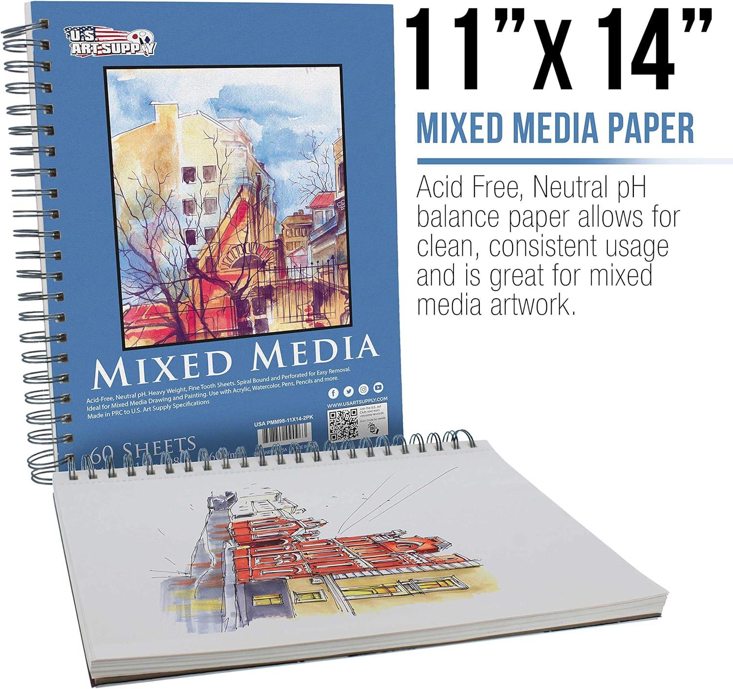 11" x 14" Mixed Media Paper Pad Sketchbook, 2 Pack, 60 Sheets, 98 lb (160 gsm) - Spiral-Bound, Perforated, Acid-Free - Artist Sketching, Drawing, Painting Watercolor, Acrylic,