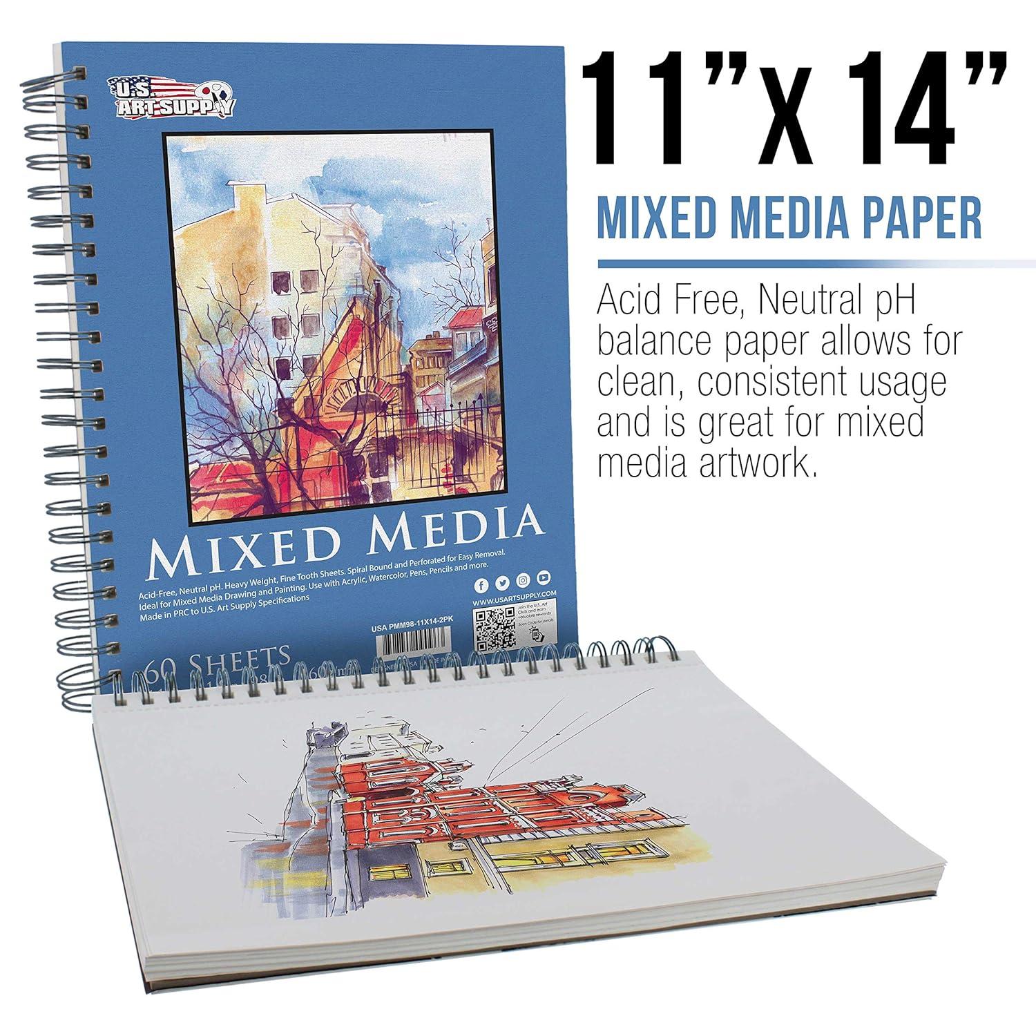 11" x 14" Mixed Media Paper Pad Sketchbook, 2 Pack, 60 Sheets, 98 lb (160 gsm) - Spiral-Bound, Perforated, Acid-Free - Artist Sketching, Drawing, Painting Watercolor, Acrylic,