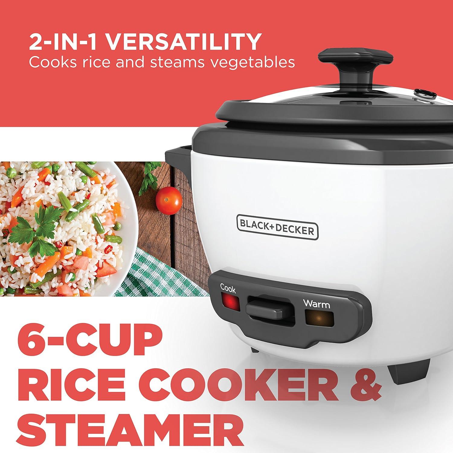 BLACK+DECKER 6-Cup Rice Cooker, RC506, 3-cup Uncooked Rice, Steaming Basket, Removable Non-Stick Bowl, One Touch