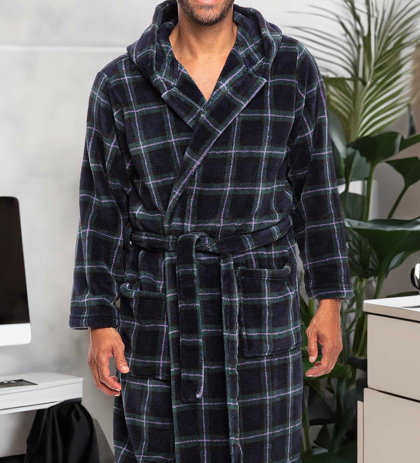 ADR Mens Robe, Plush Fleece Hooded Bathrobe Men, Men's Bathrobes, Big and Tall Bath Robe for Men Blue and Green Tartan Plaid 2XL