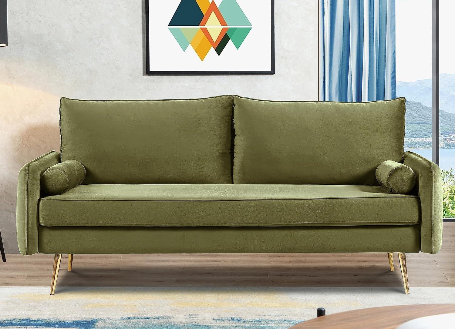 Olive Green Velvet Modern Loveseat with Tapered Legs