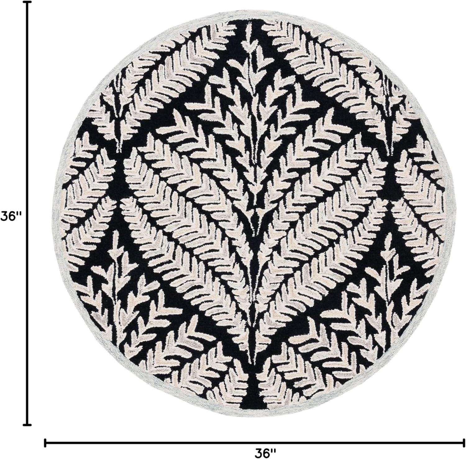 SAFAVIEH Capri Proinsias Leaves Wool Area Rug, Black/Ivory, 3' x 3' Round