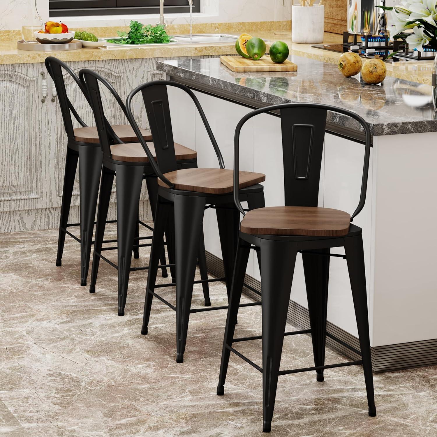 Set of 4 Black Metal and Wood Counter Height Bar Stools