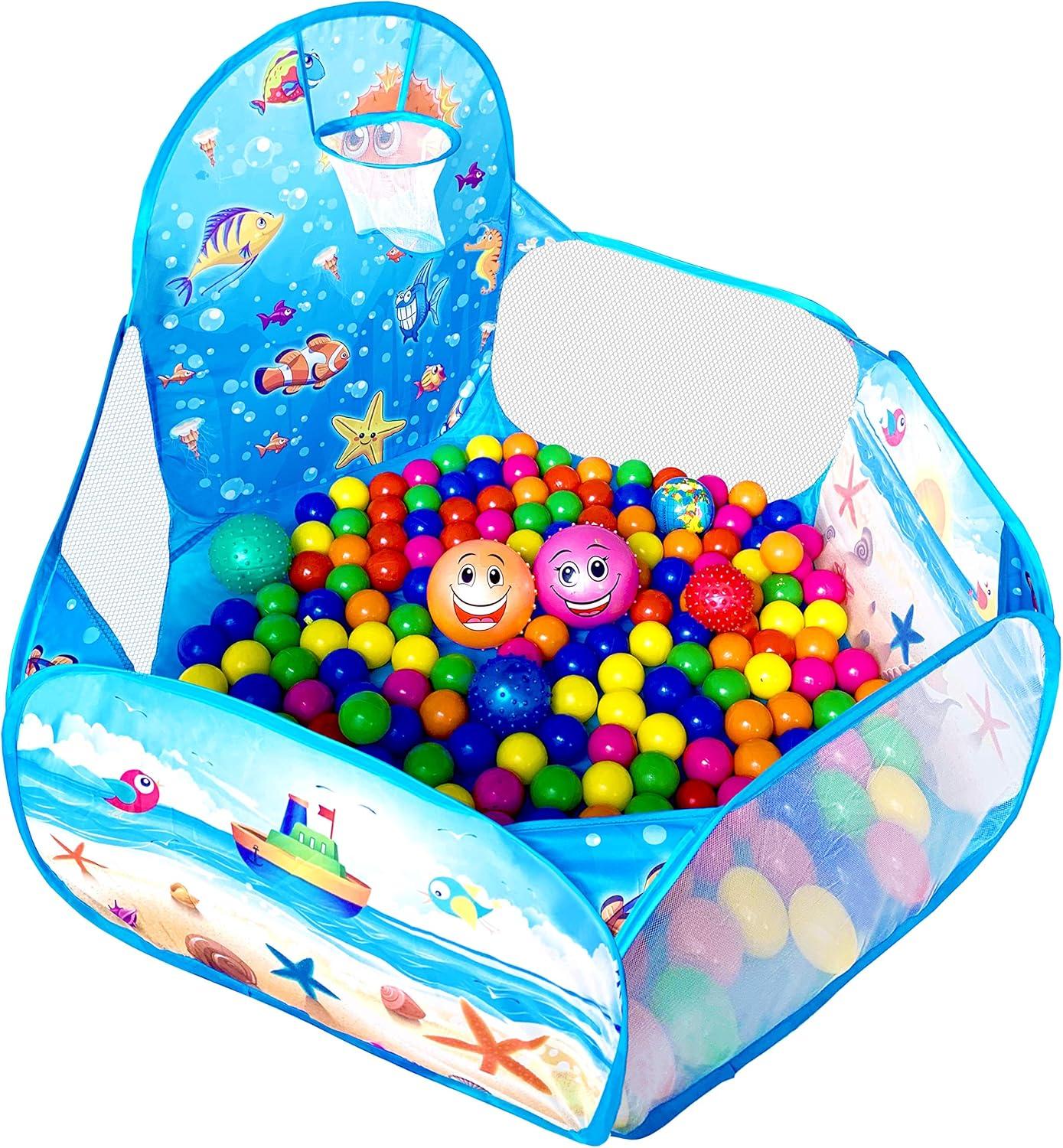 KingBee Ball Pit Pop Up Children Play Tent, Ocean Pool Baby Toddler Playpen with Basketball Hoop - Toys Gifts for Kids Girls Boys 6 Year Old - Balls Not Included (Blue)