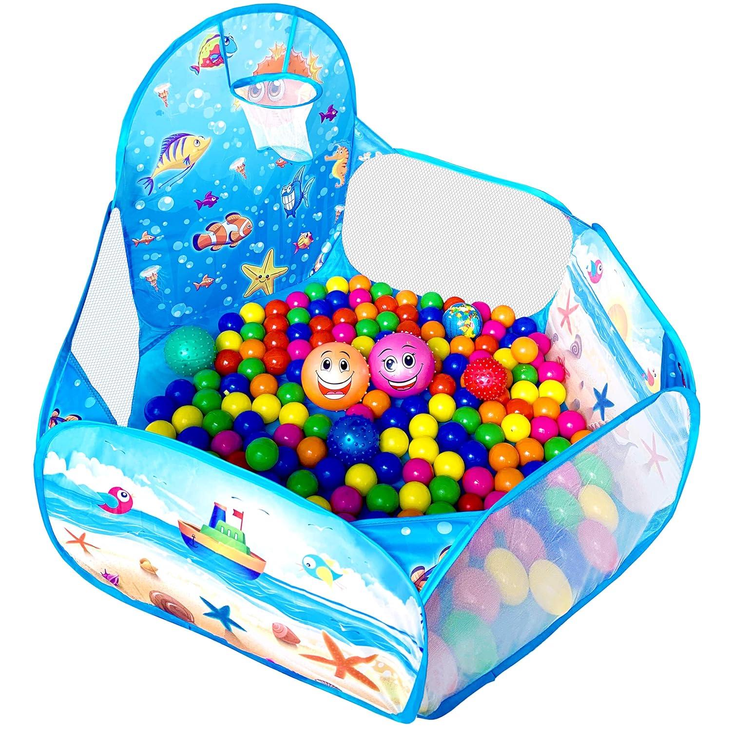 KingBee Ball Pit Pop Up Children Play Tent, Ocean Pool Baby Toddler Playpen with Basketball Hoop - Toys Gifts for Kids Girls Boys 6 Year Old - Balls Not Included (Blue)