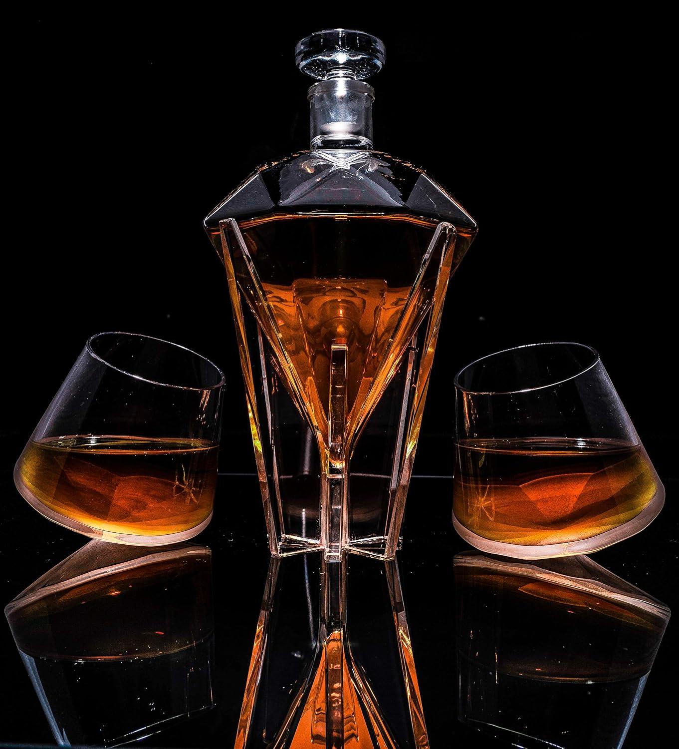 The Wine Savant Clear Diamond Decanter for Wine & Whiskey Set Includes 2 Clear Whiskey Diamond Glasses, Stylish & Beautiful Home Decor - 750 ml