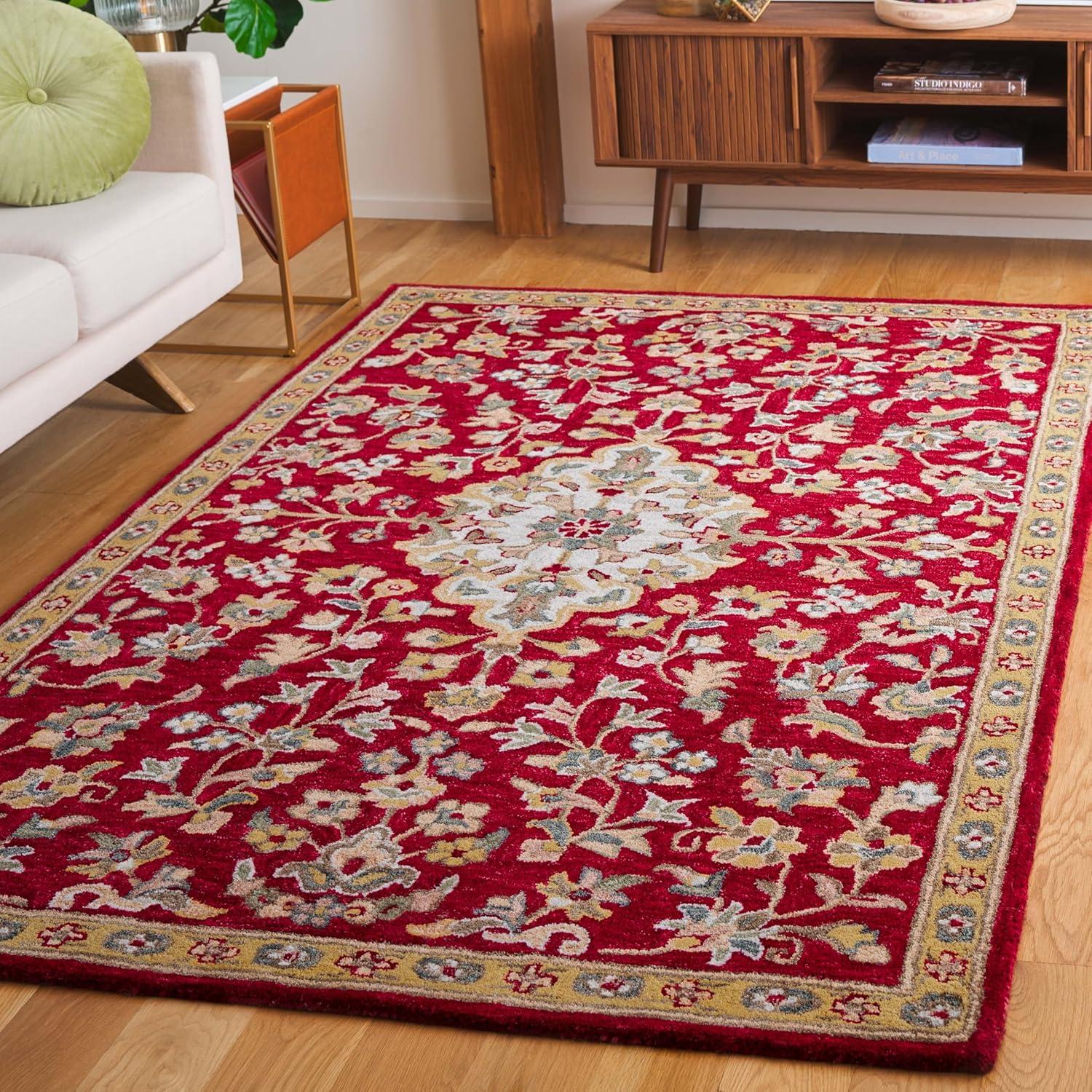 Ivory and Red Floral Hand-Tufted Wool Area Rug