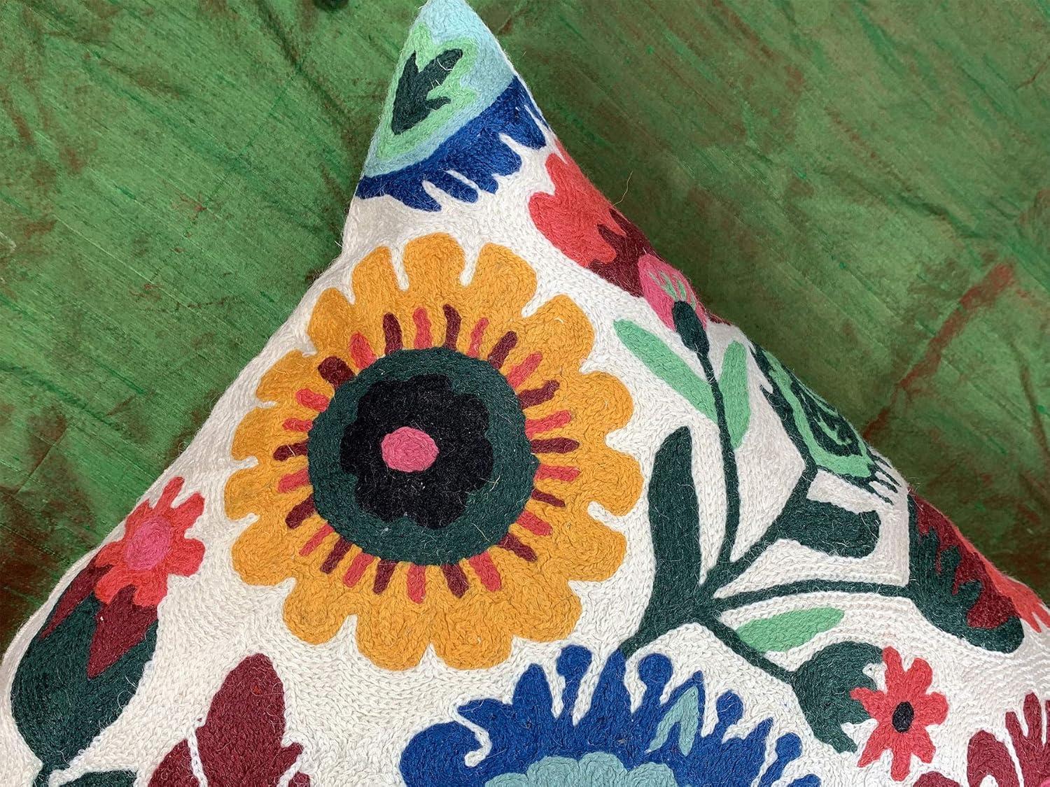 Hand Embroidered Multicolor Floral Lumbar Pillow Cover