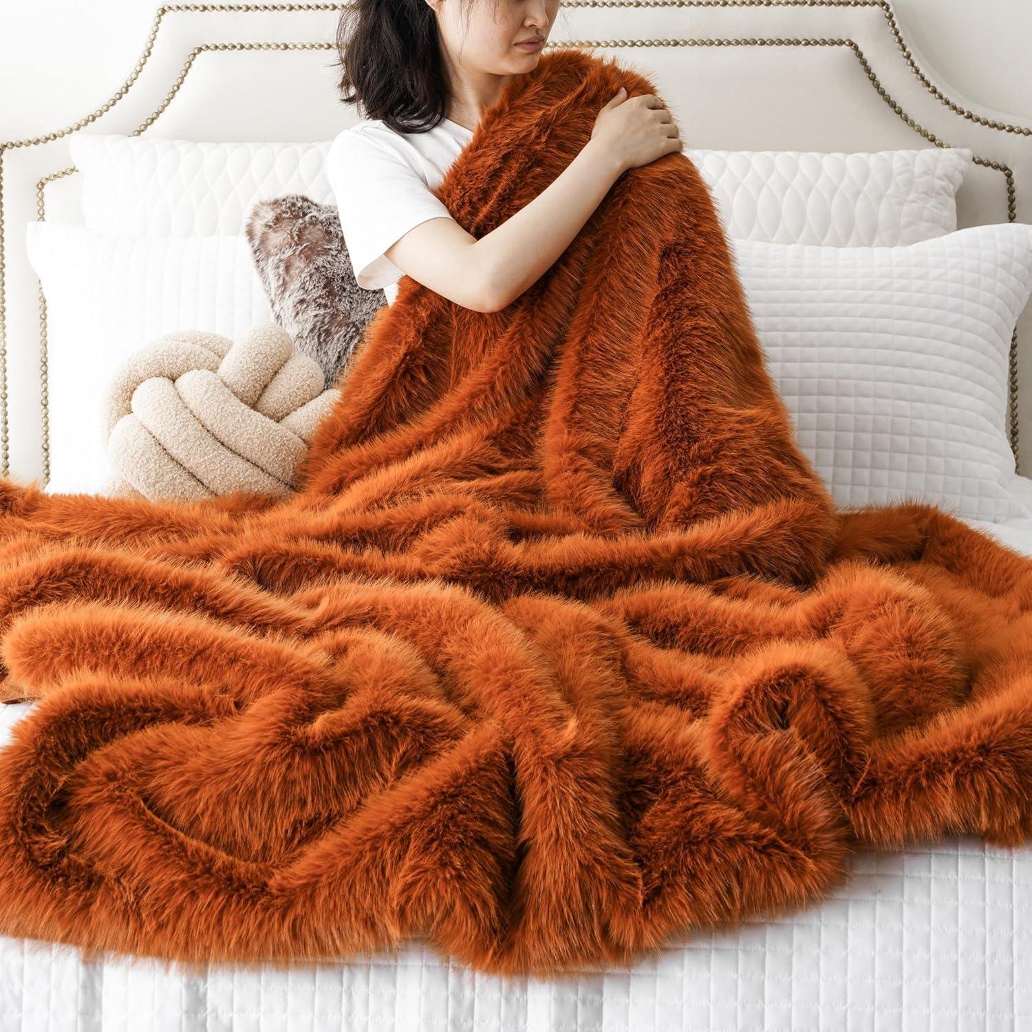 Orange Faux Fur and Velvet Throw Blanket, 50"x60"