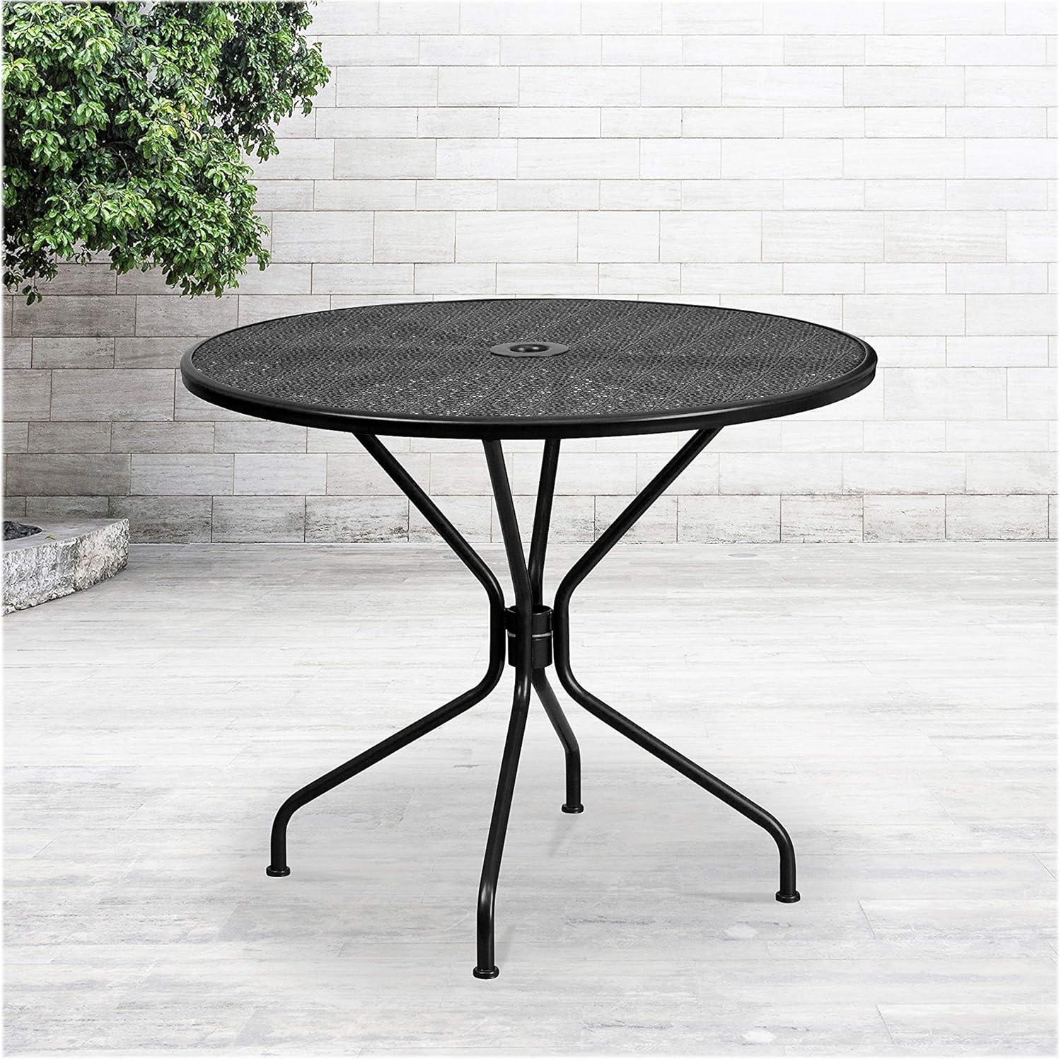 Flash Furniture Oia Commercial Grade 35.25" Round Black Indoor-Outdoor Steel Patio Table with Umbrella Hole