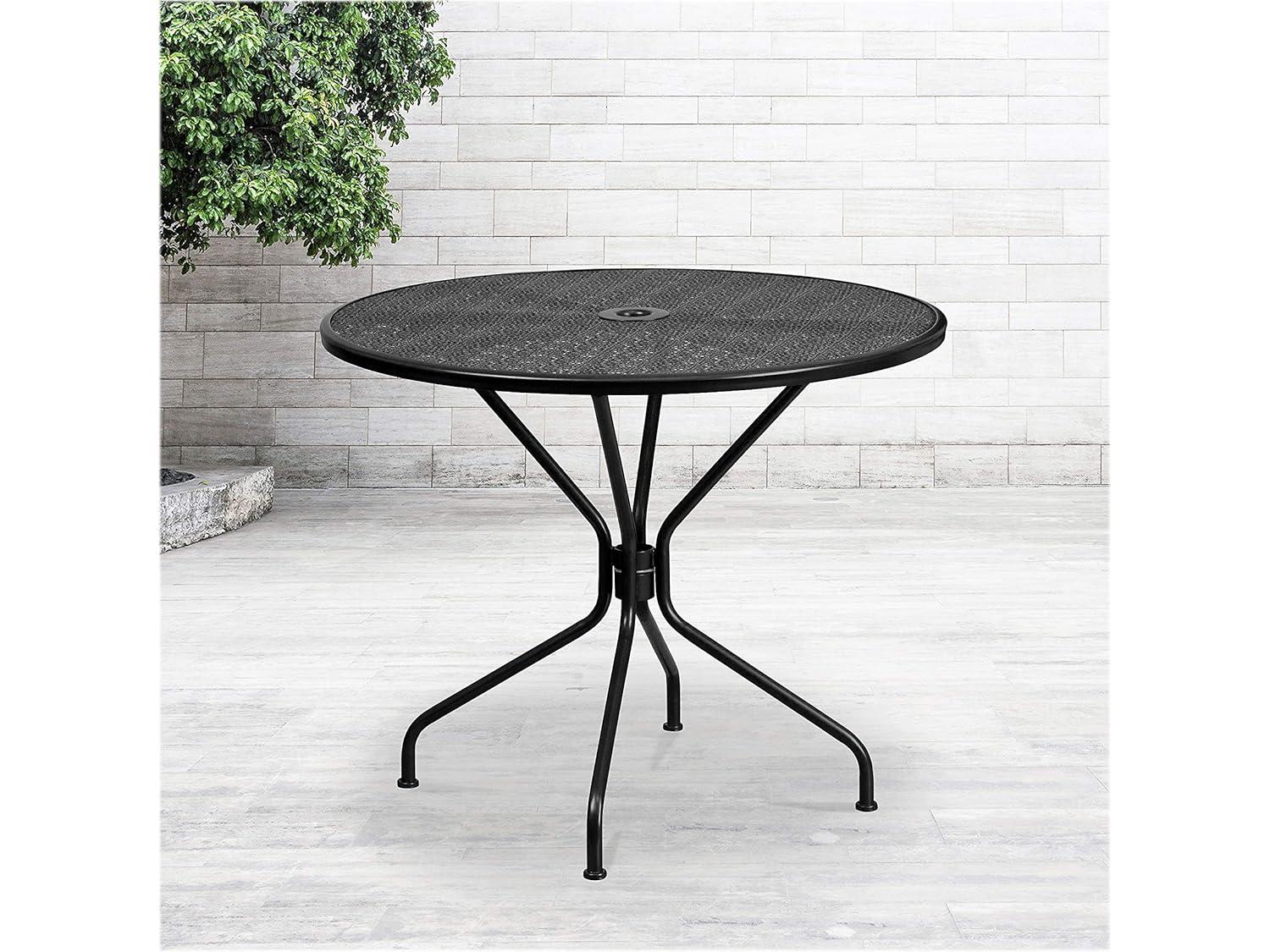 Flash Furniture Oia Commercial Grade 35.25" Round Black Indoor-Outdoor Steel Patio Table with Umbrella Hole