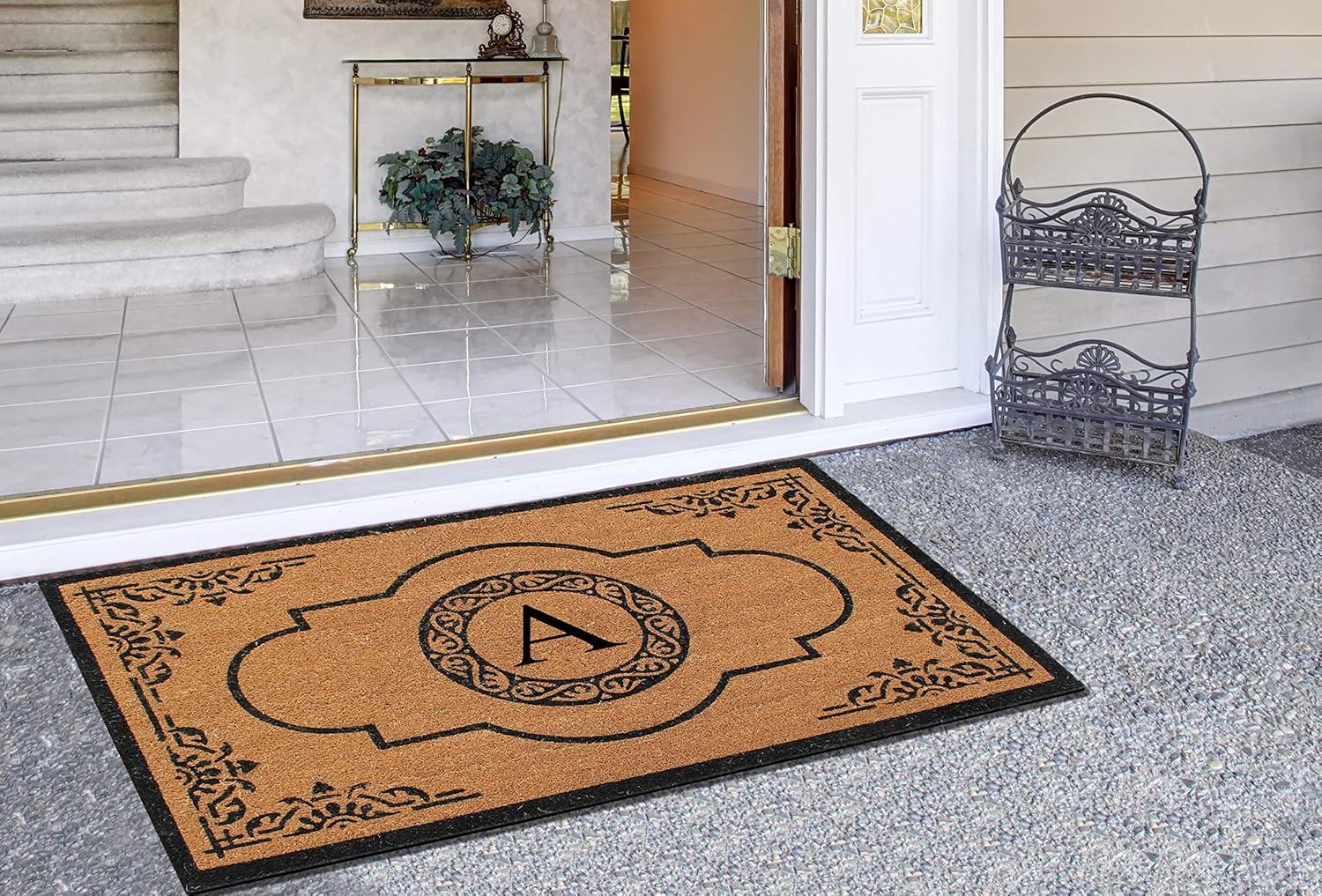 A1HC Natural Coir Monogrammed Door Mat For Front Door, 30x48, Anti-Shed Treated Durable Doormat for Outdoor Entrance, Heavy Duty, Thin Profile, Easy to Clean, Long Lasting, Front Door Entry Doormat