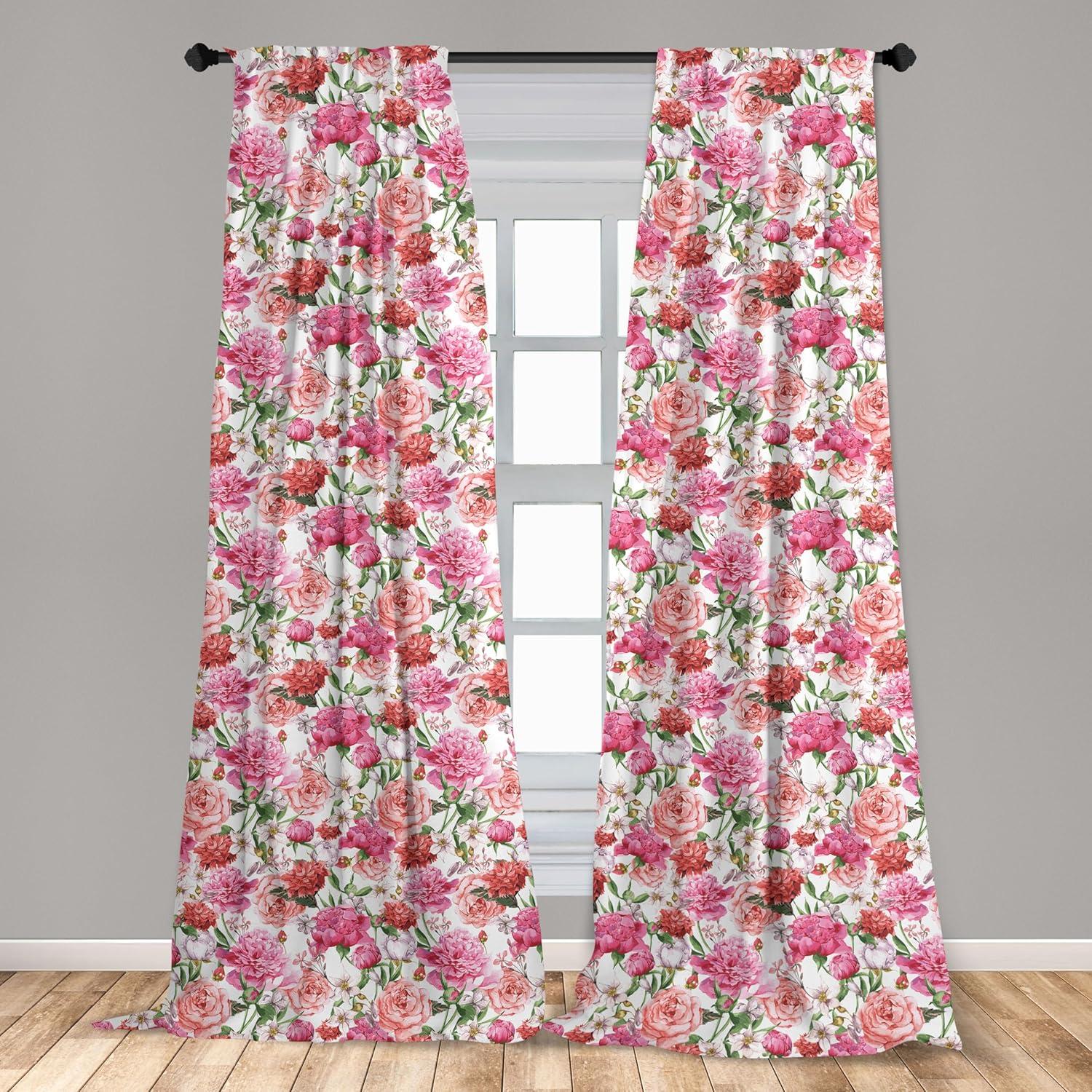 Ambesonne Watercolor Curtains, Pink Peonies Roses, Pair of 28"x63", Multicolor