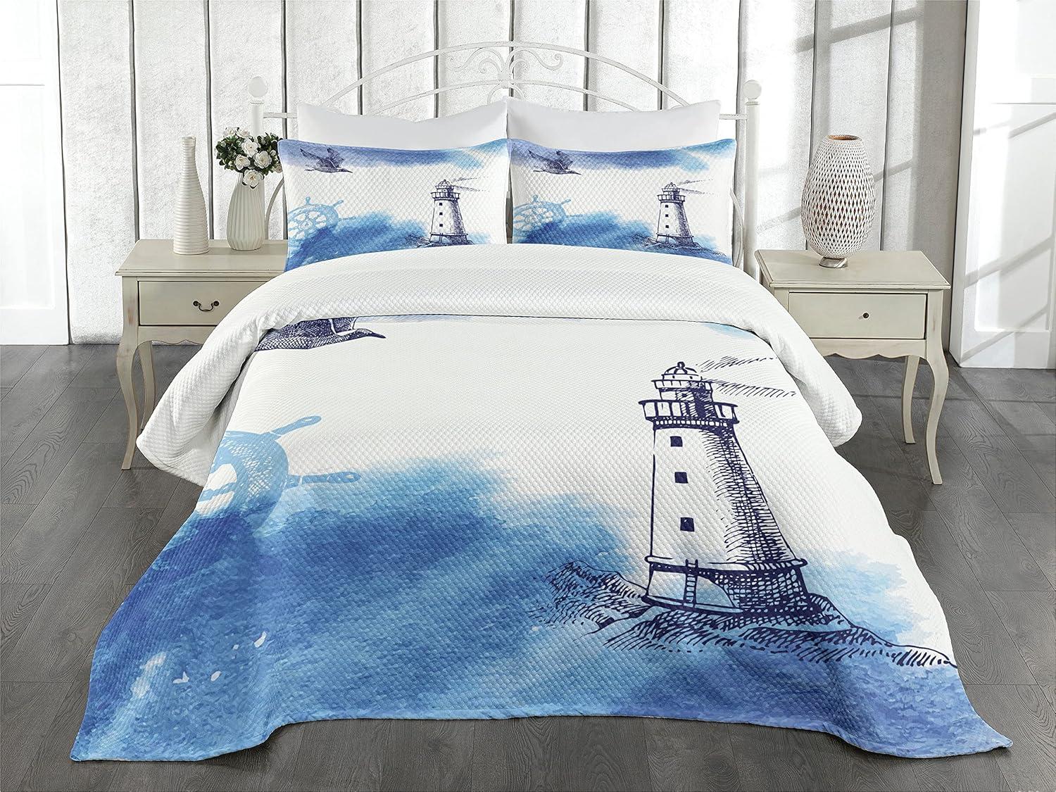 Ambesonne Lighthouse Bedspread Handdrawn Art Anchor