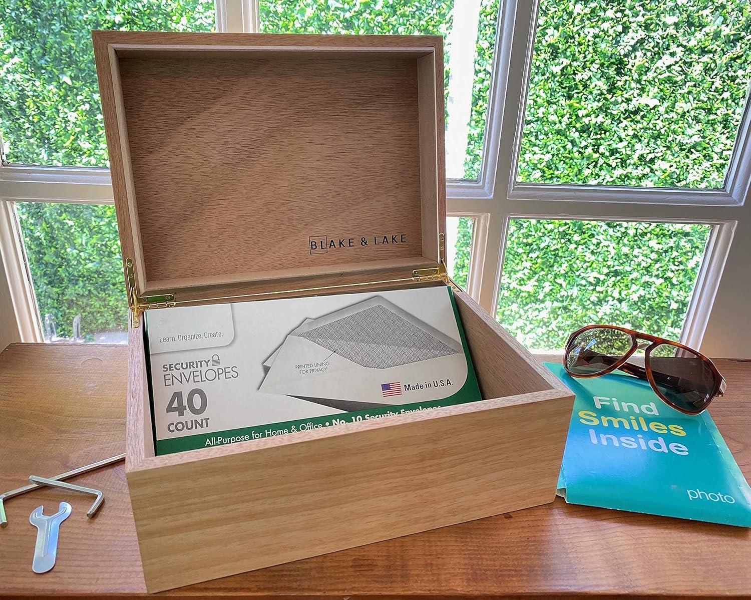 Black Wooden Storage Box with Hinged Lid and Locking Key- Large Keepsake Box with Lock - Wood Chest with Matte Finish - Store Jewelry Keepsakes Photos Gift Boxes (Black)