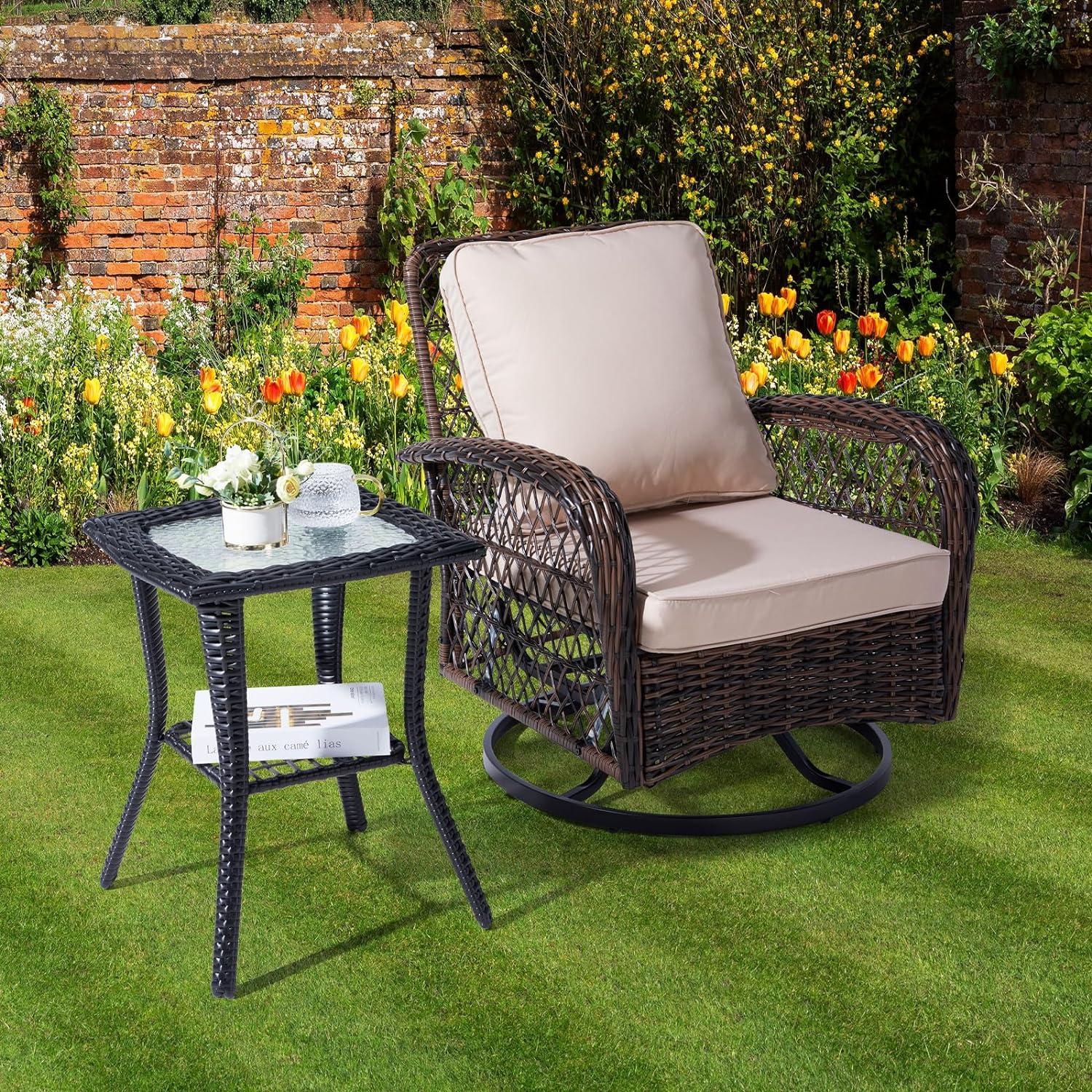 Black Wicker Outdoor End Table with Glass Top and Storage