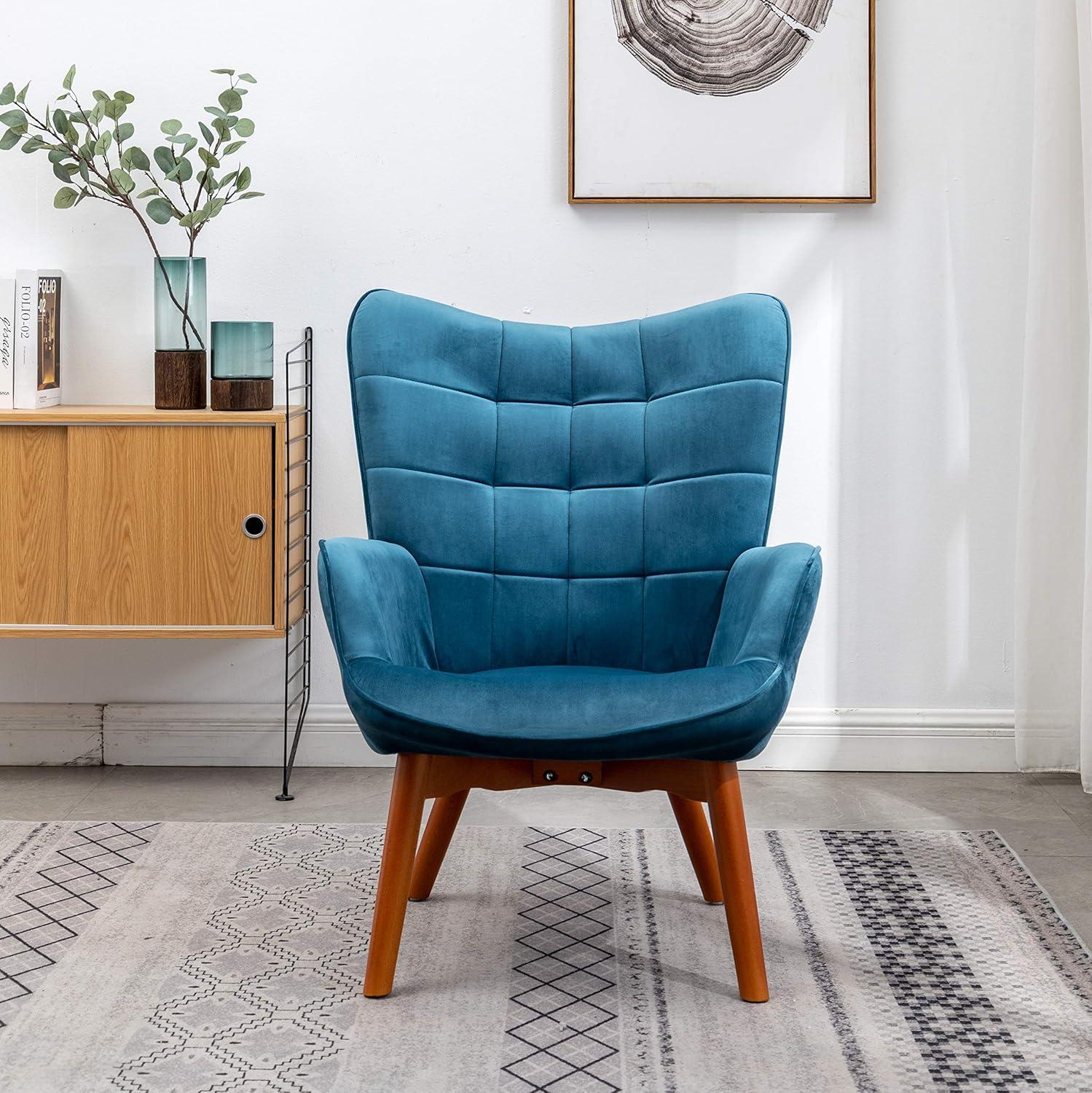 Carson Carrington  Aasen Silky Velvet Tufted Accent Chair with Ottoman Round Arms Arm Chairs Blue Rubberwood, Fabric