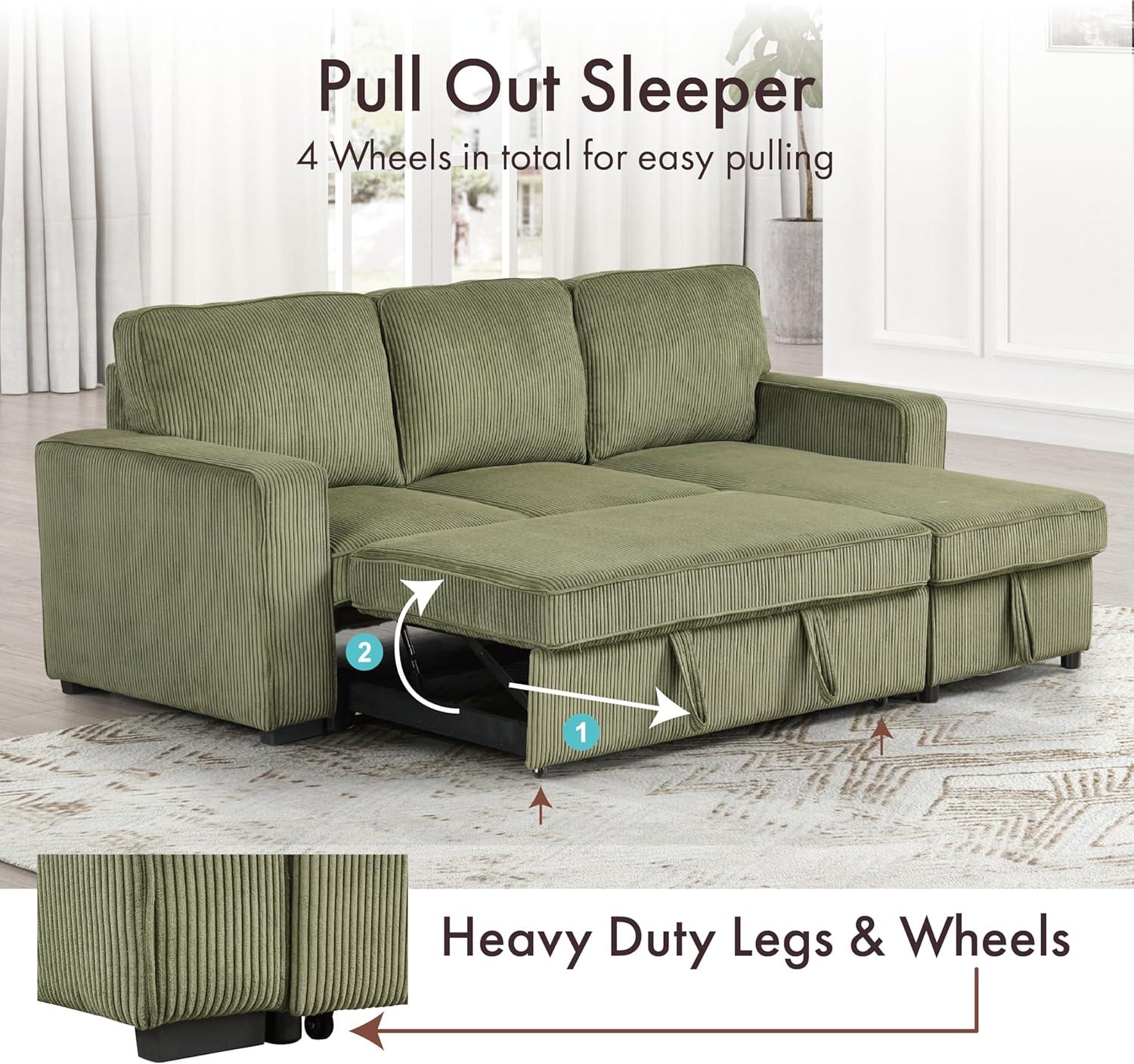 HOMES: Inside + Out Paeke Sleeper Sectional Sofa Corduroy with Storage Chaise and Reversible Green