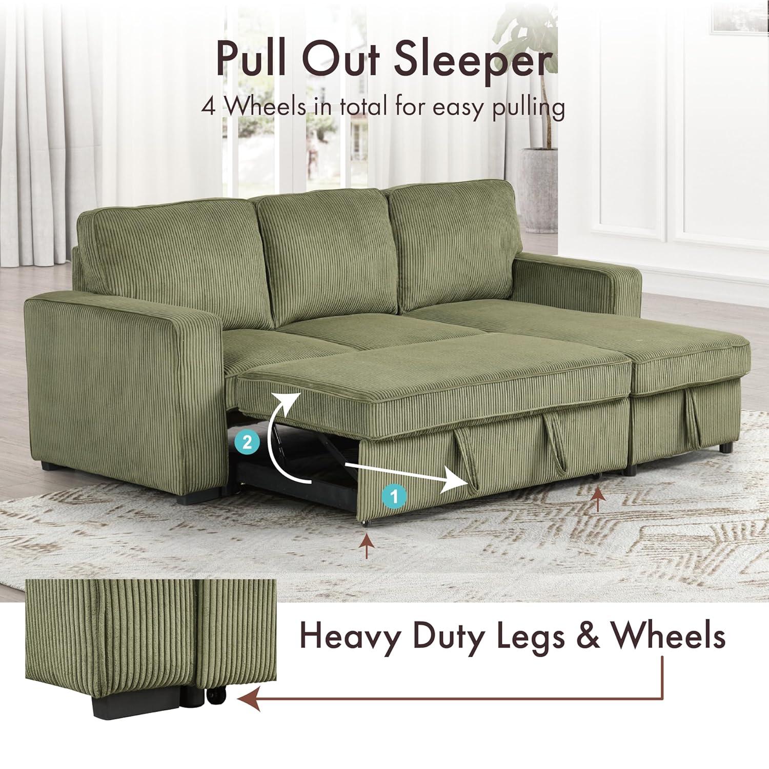 HOMES: Inside + Out Paeke Sleeper Sectional Sofa Corduroy with Storage Chaise and Reversible Green