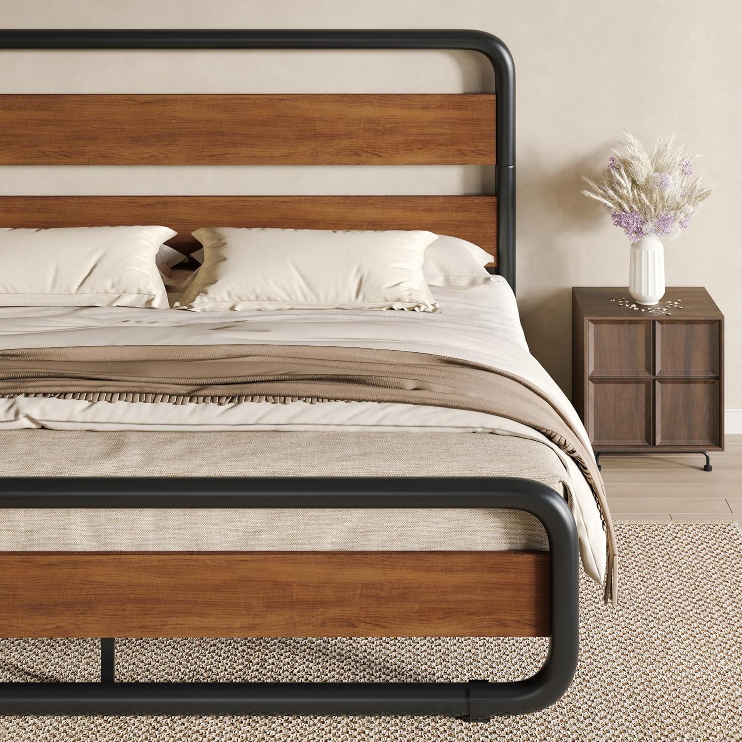Sha Cerlin Walnut King Size Platform Bed Frame with Wooden Headboard & Underbed Storage, Adult