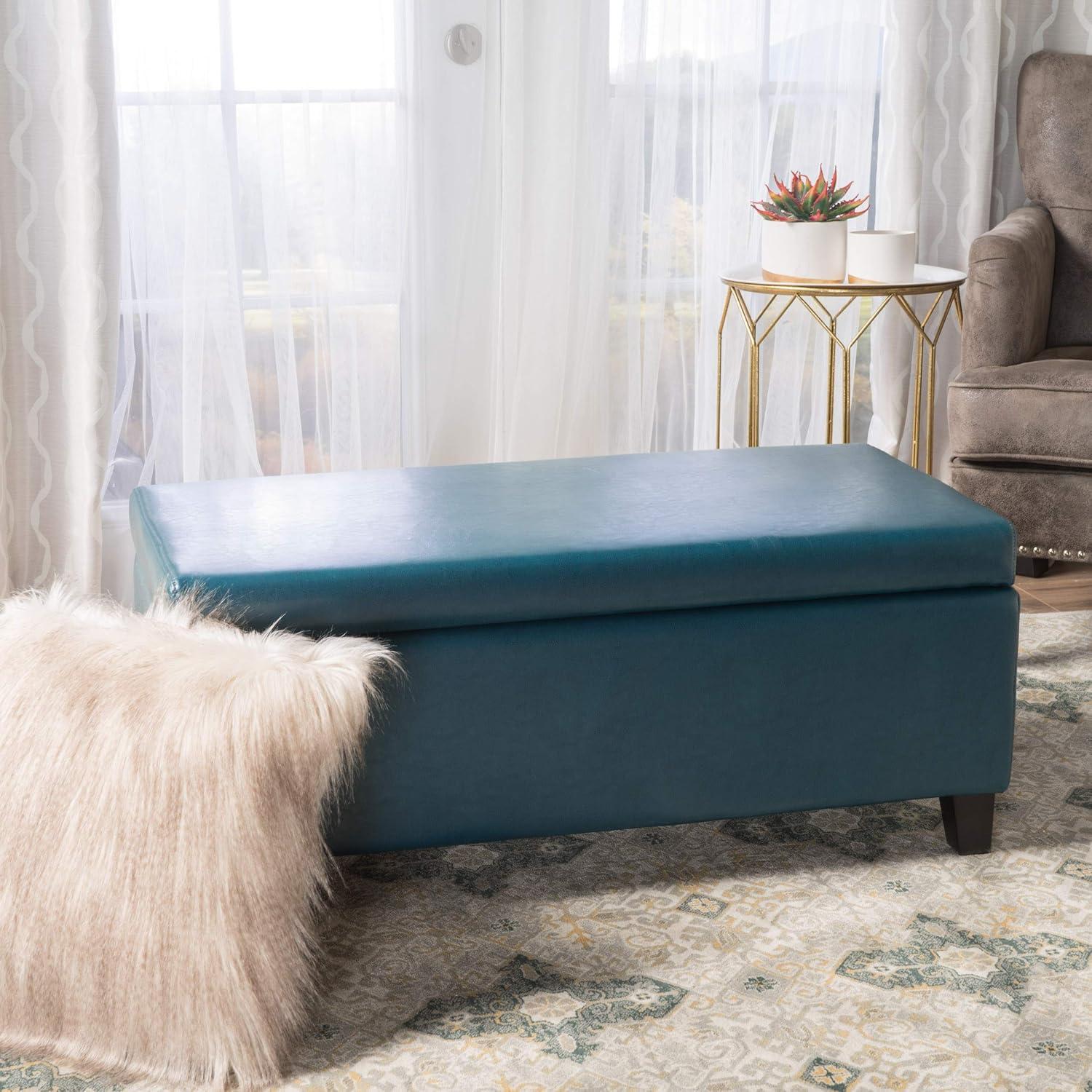 Teal Faux Leather Storage Ottoman with Dark Brown Birch Legs