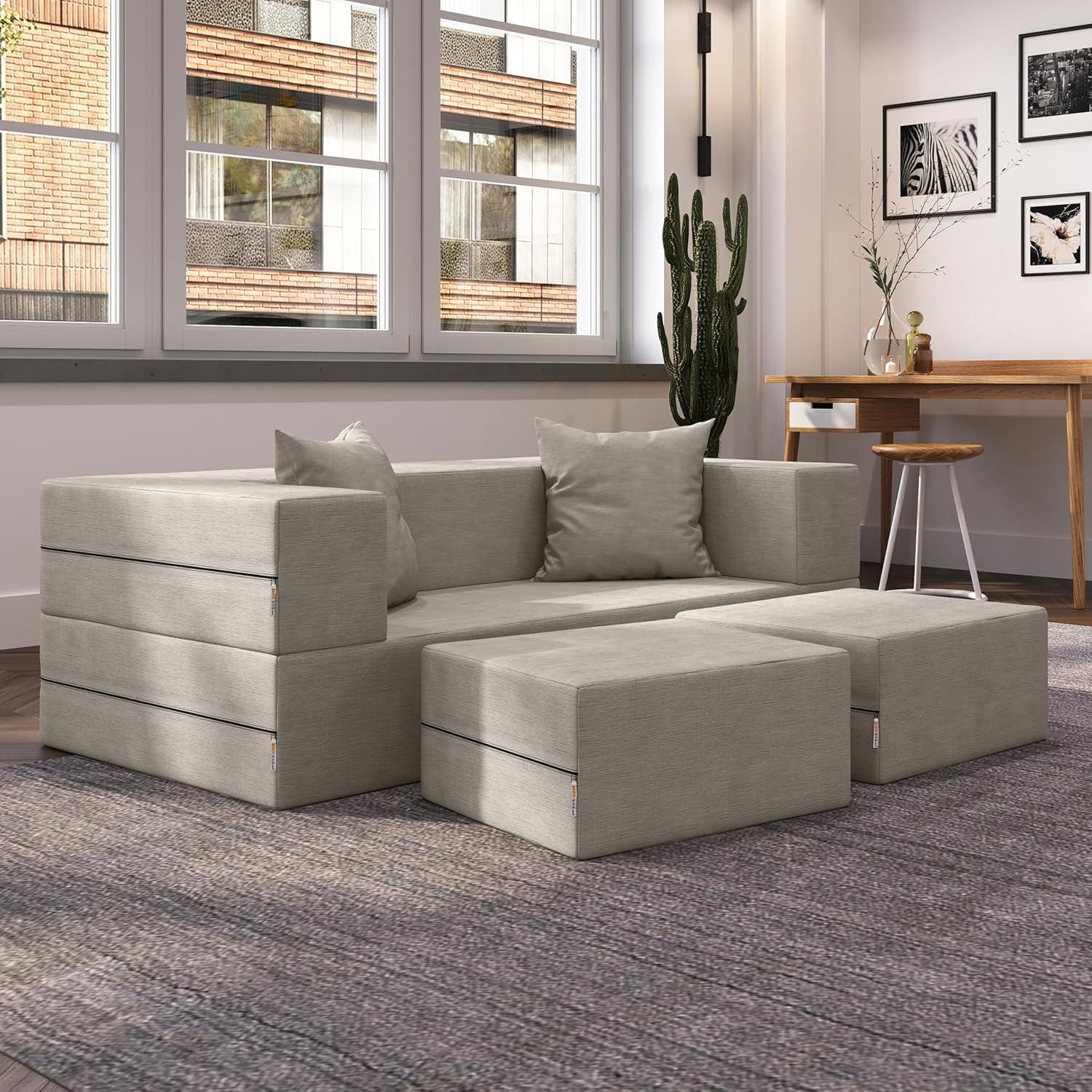 Jaxx Zipline Convertible Sleeper Loveseat & Ottomans, Textured Microvelvet - Dove Grey