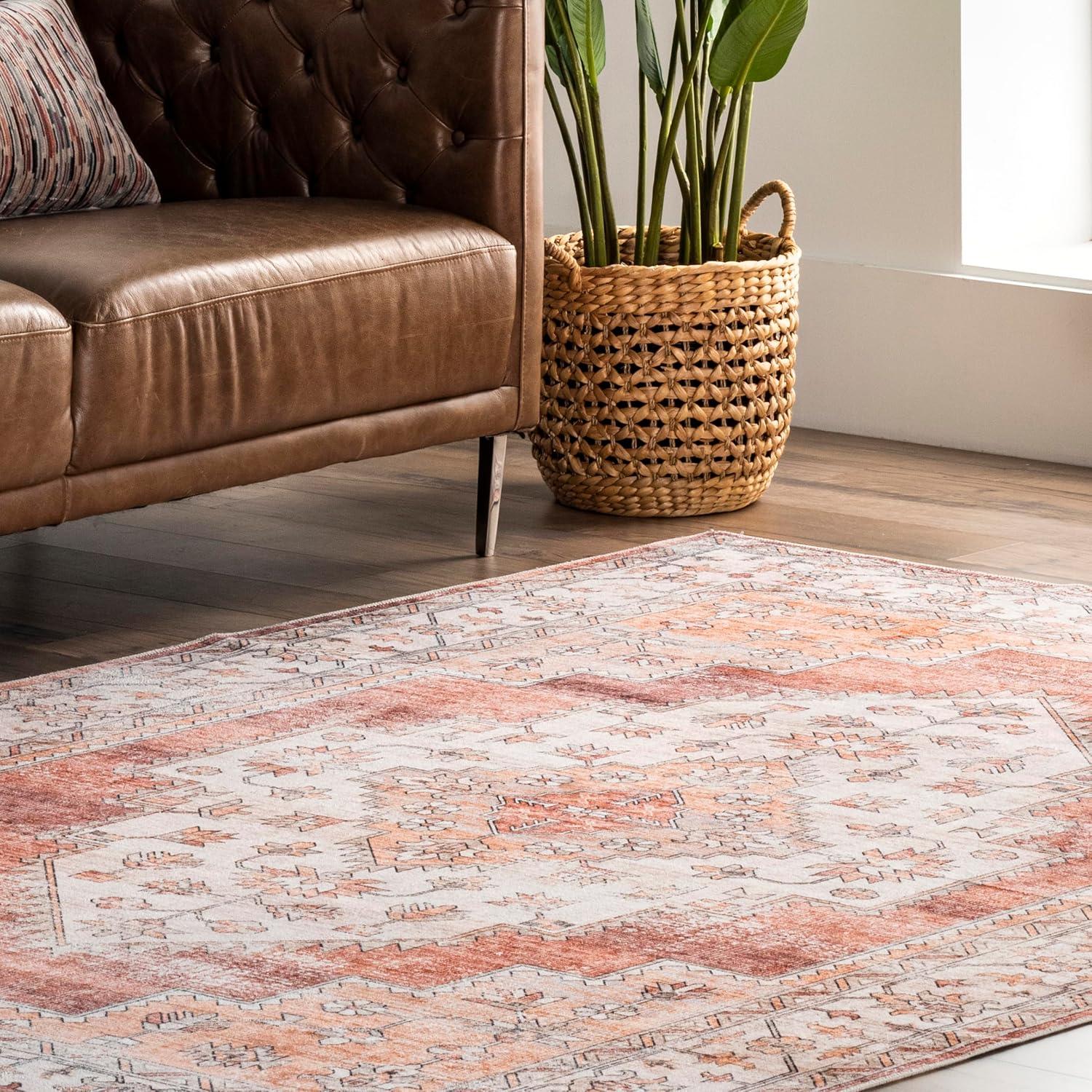 Rust Medallion Machine Washable Runner Rug