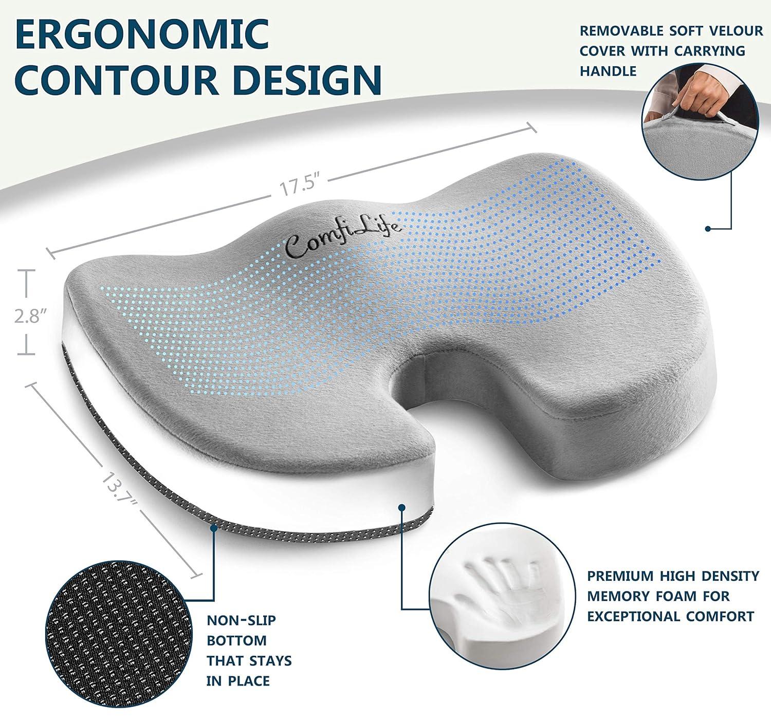 ComfiLife Premium Comfort Seat Cushion - Non-Slip Orthopedic 100% Memory Foam Coccyx Cushion for Tailbone Pain - Cushion for Office Chair Car Seat - Back Pain & Sciatica Relief (Gray)