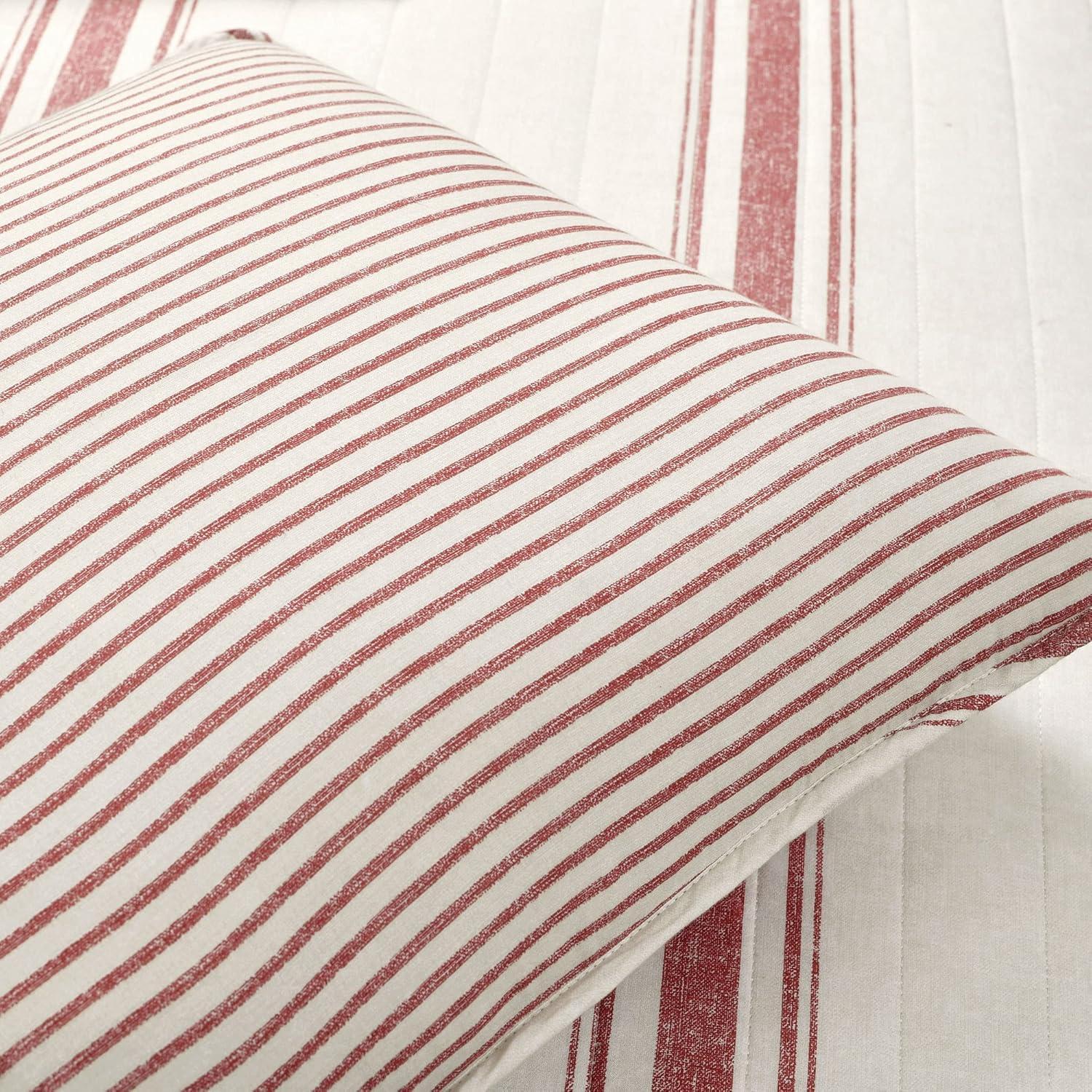 Lush Decor Farmhouse Stripe Cotton Reversible Quilt, King, Red, 3-Pc Set