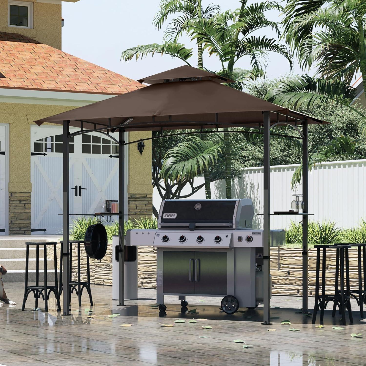 Brown Steel Grill Gazebo with LED Lights and Shelves