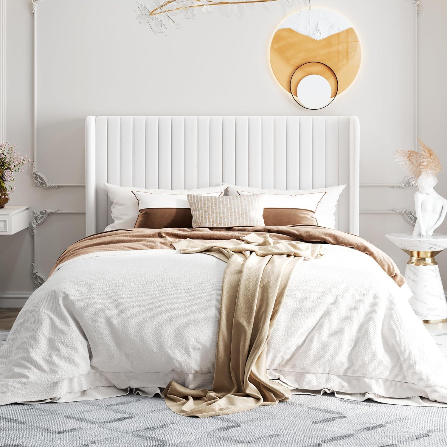 SHA CERLIN Queen Size Velvet Bed Frame with Vertical Channel Tufted Wingback Headboard, Upholstered Platform Bed with Wood Slats, No Box Spring Needed, Easy Assembly, White